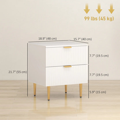 Bedside Table, Modern Nightstand with 2 Drawers, Side End Table with Metal Legs for Living Room, Bedroom, White