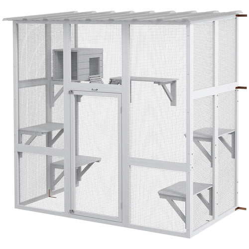 Outdoor Cat Enclosure, Window Box, Weatherproof Roof, Bridge, Resting Box, Platforms, for 2 Kittens, White