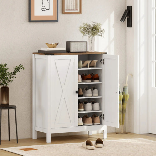 Shoe Cabinet With Barn Doors, Adjustable Shelves, Holds 15 Pairs, White