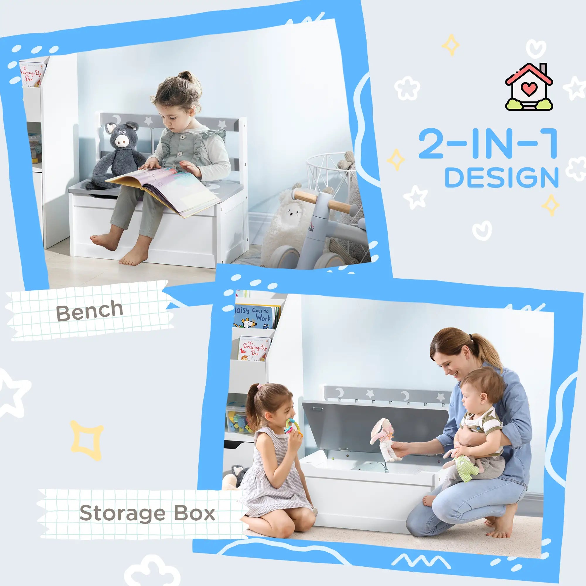 Kids Toy Storage Chest with Lid, Safety Hinge, Bench Seat, Backrest, Grey Baby & Kids Storage at Gallery Canada