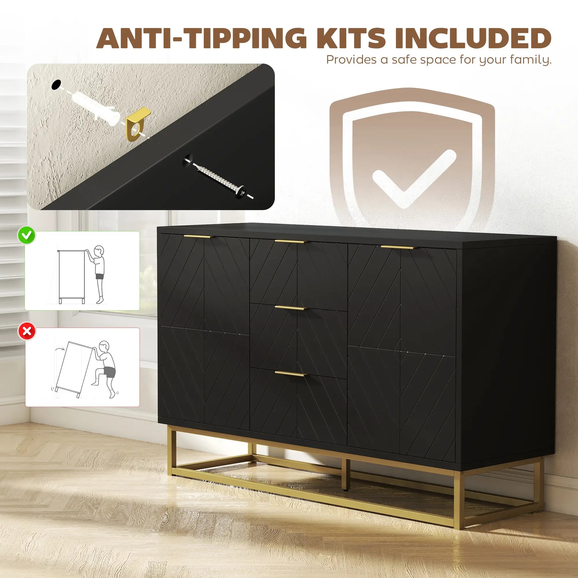 Sideboard Storage Cabinet, 3 Drawers, Adjustable Shelves, Black Kitchen Pantry Cabinets at Gallery Canada