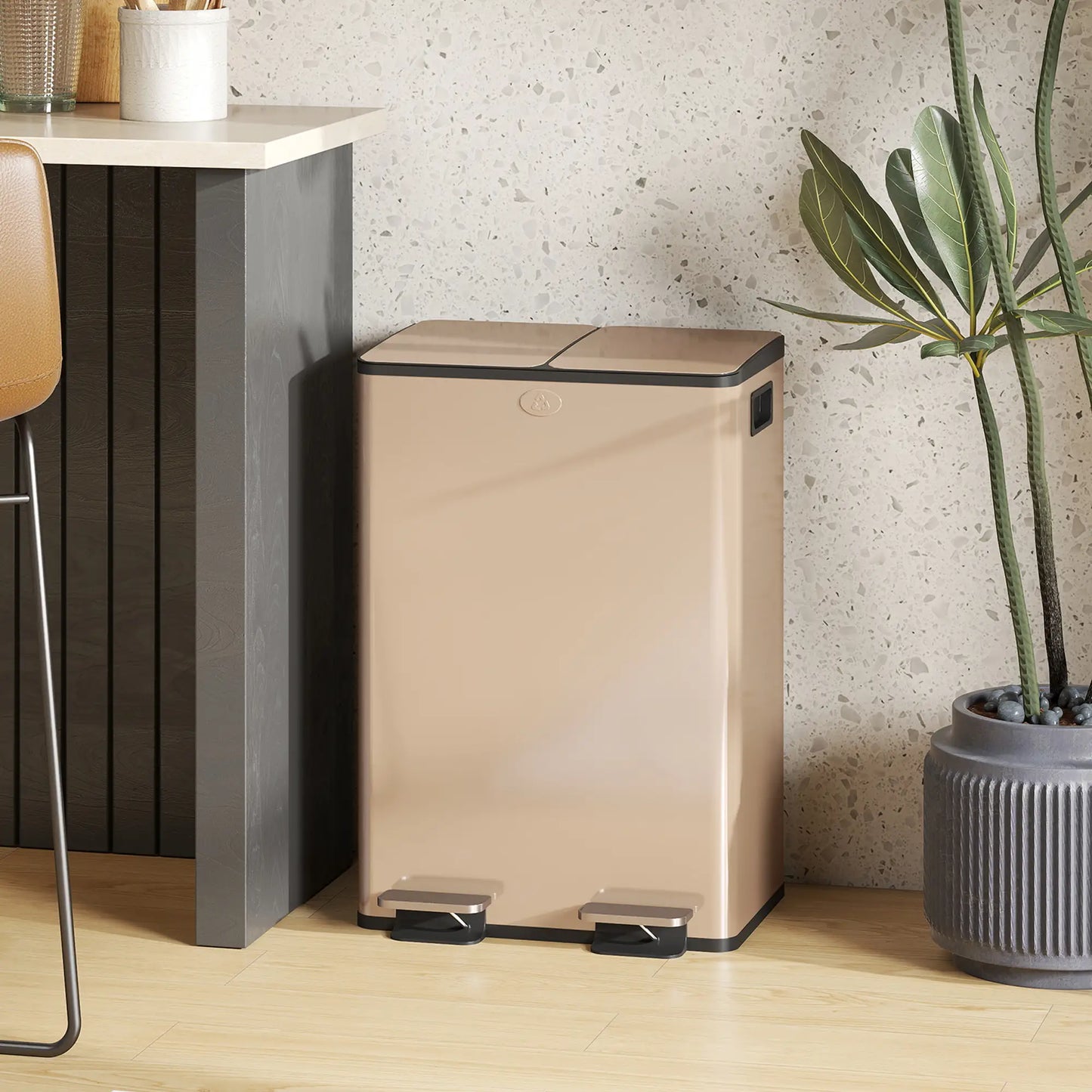 Dual Garbage Bin, Soft-Close Trash Can with Foot Pedal, 2 x 28 Liter Garbage Can with Removable Inner Buckets, Gold Household Supplies at Gallery Canada