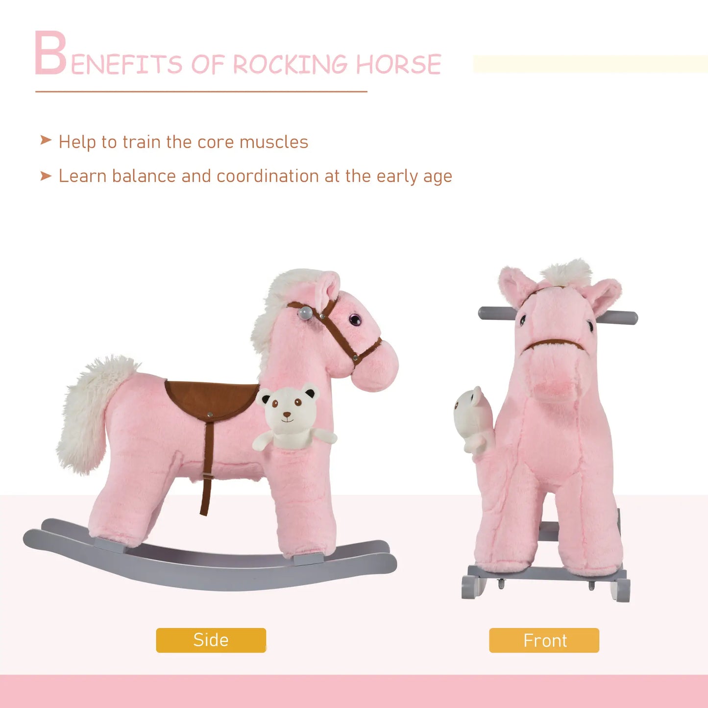 Kids Plush Ride-On Rocking Horse, Soft Bear Toy, Realistic Sounds, Pink Rocking Horses at Gallery Canada