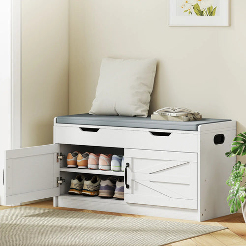 Shoe Storage Bench, 2-Tier Cabinet, Flip-Top, Padded Cushion, White