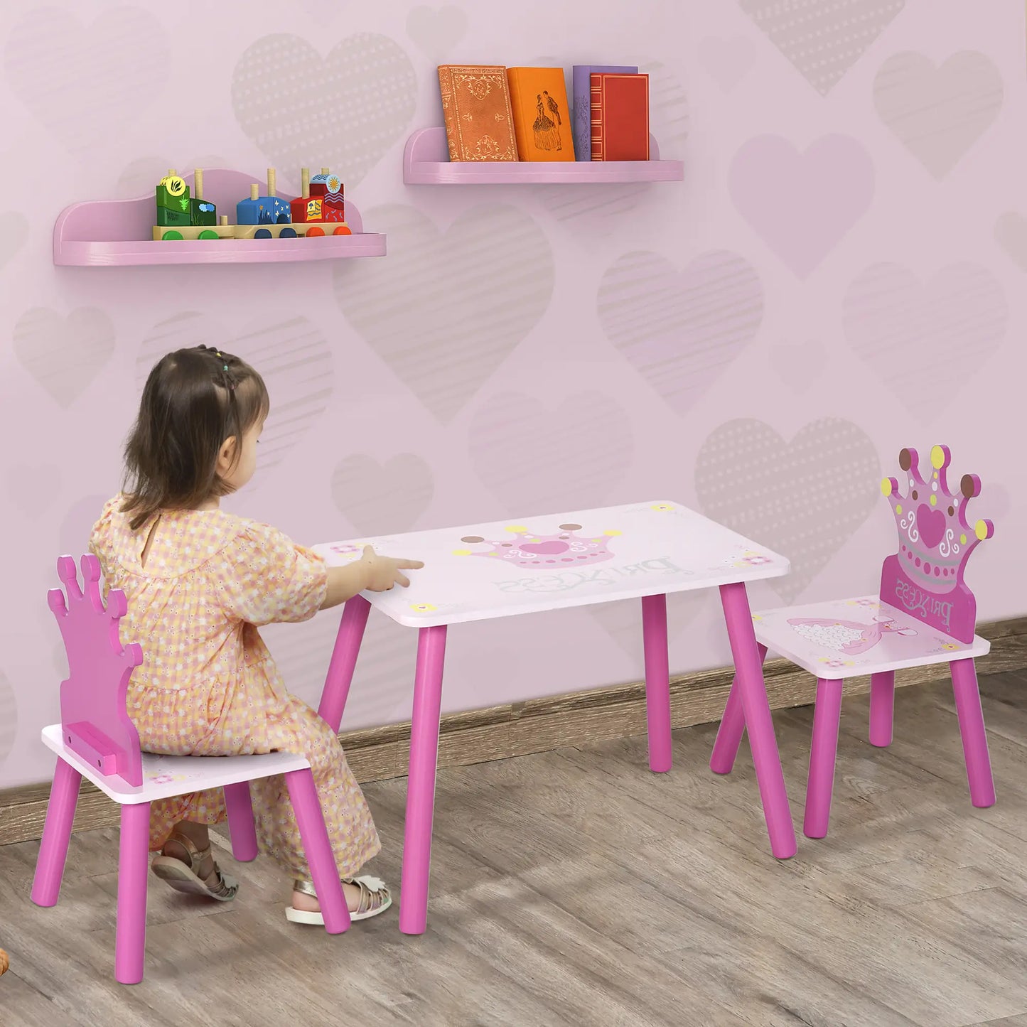 Kids Wooden Table Chair Set, Crown Pattern, Easy Clean, Age 2-4, Pink Kids Table Sets at Gallery Canada