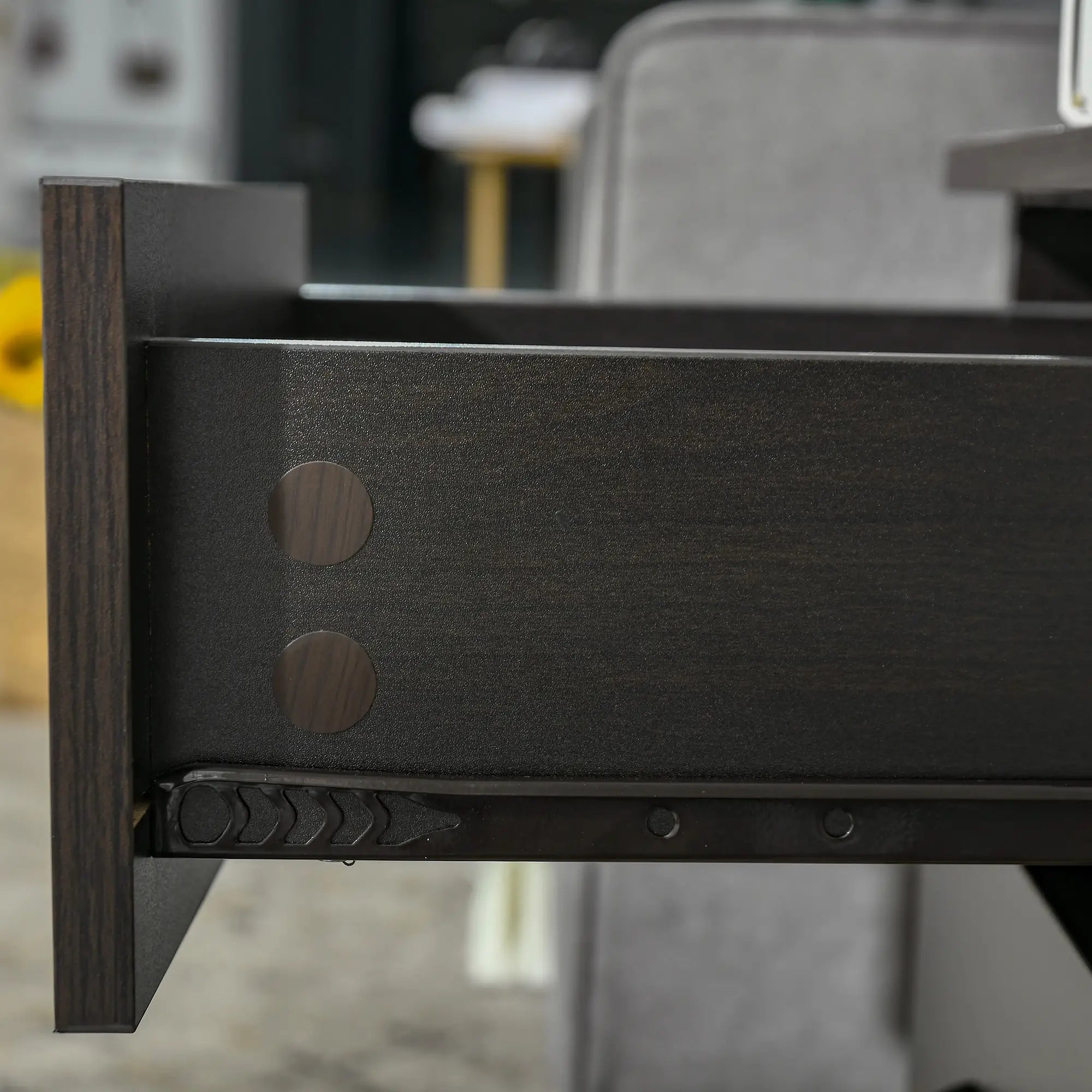 Modern Night Stand, 3 Drawers, Metal Rail, Dark Brown Bedside Tables at Gallery Canada