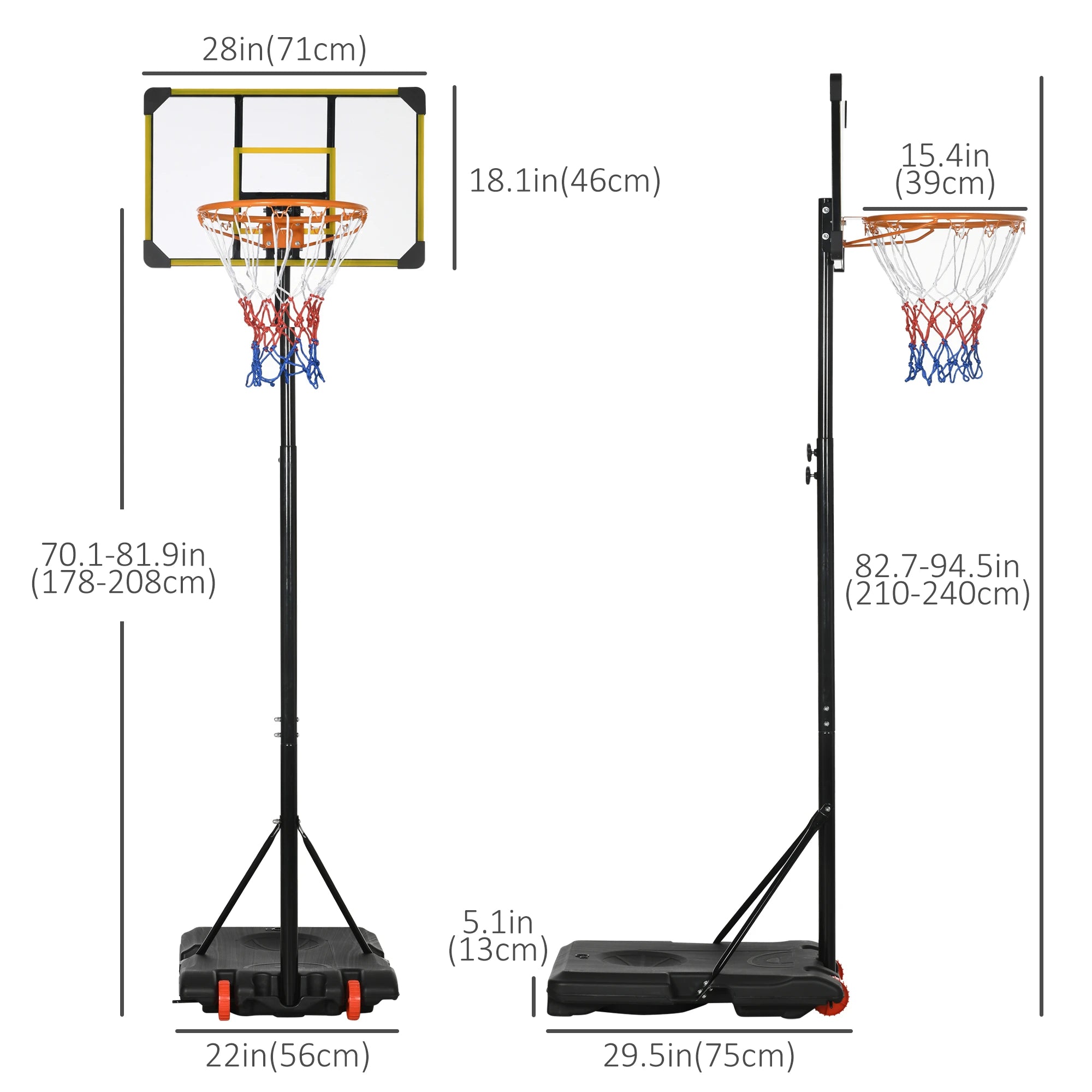 Portable Basketball Hoop, 6ft-7ft Adjustable, Wheels, 28