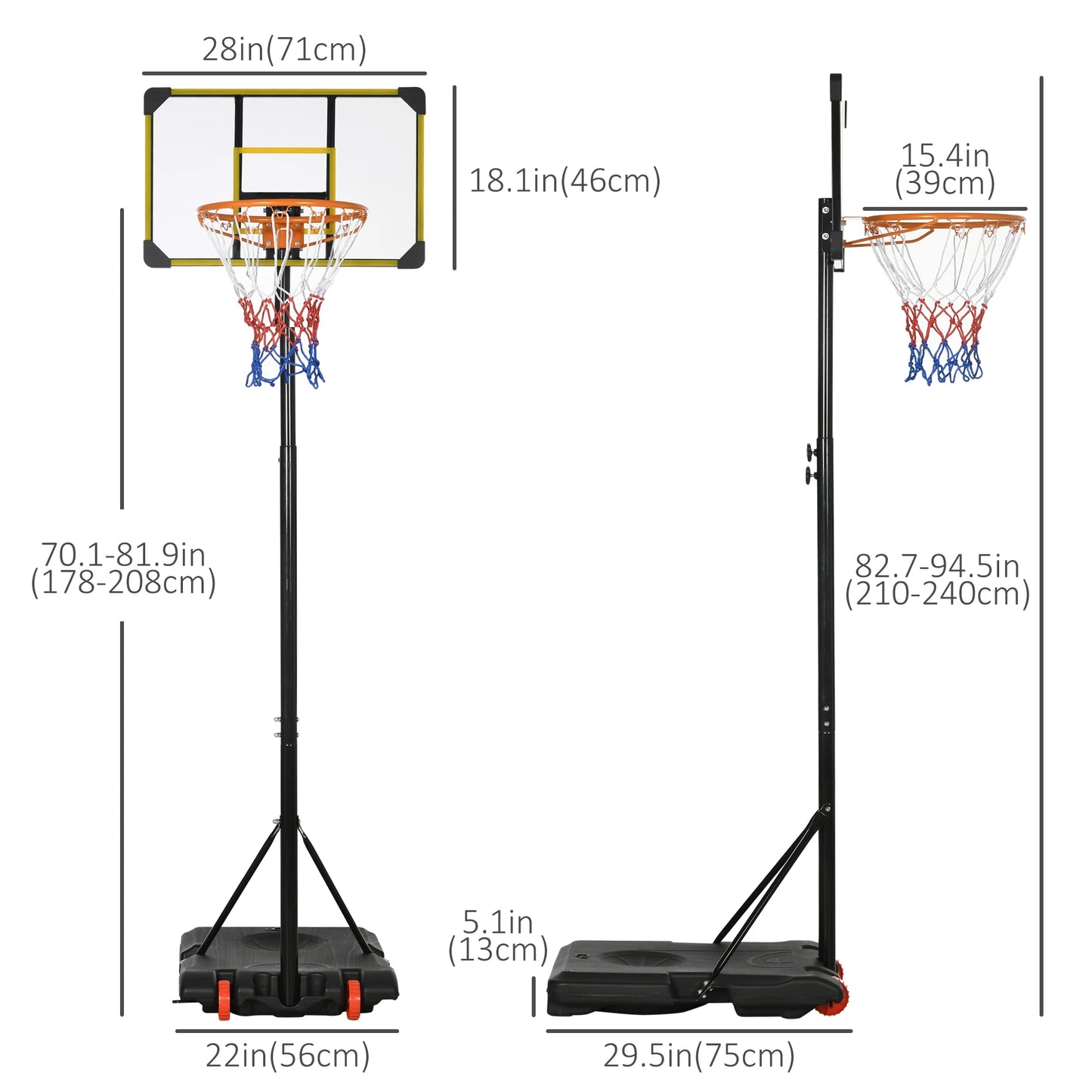 Portable Basketball Hoop, 6ft-7ft Adjustable, Wheels, 28" Backboard, Youth Basketball at Gallery Canada