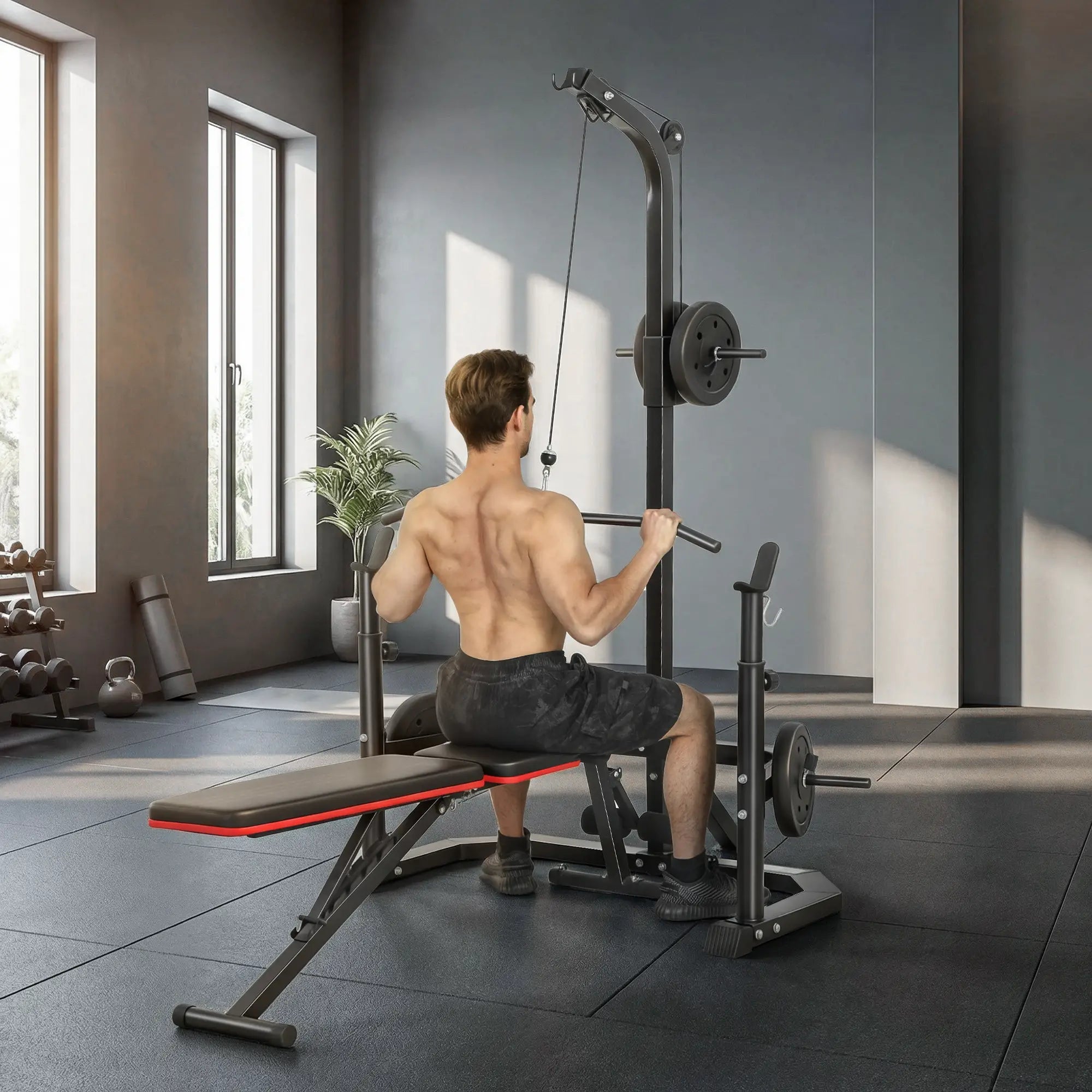 Cable Machine, Multi-Function Bench Press Rack, Lat-Pull Down System, Black Power Towers at Gallery Canada