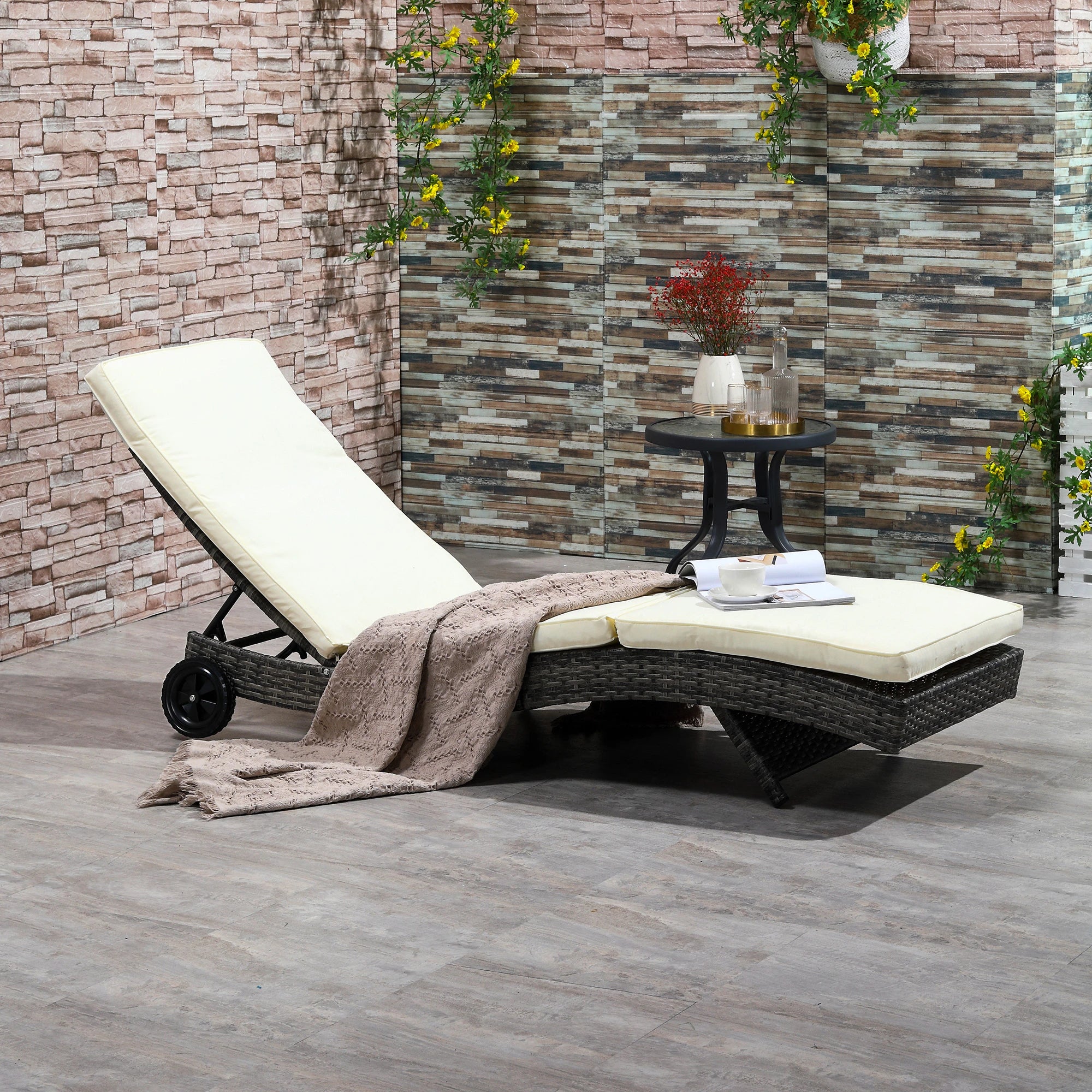 Adjustable Wicker Chaise Lounge with Cushion, Wheels, Cream White Chaise Loungers at Gallery Canada