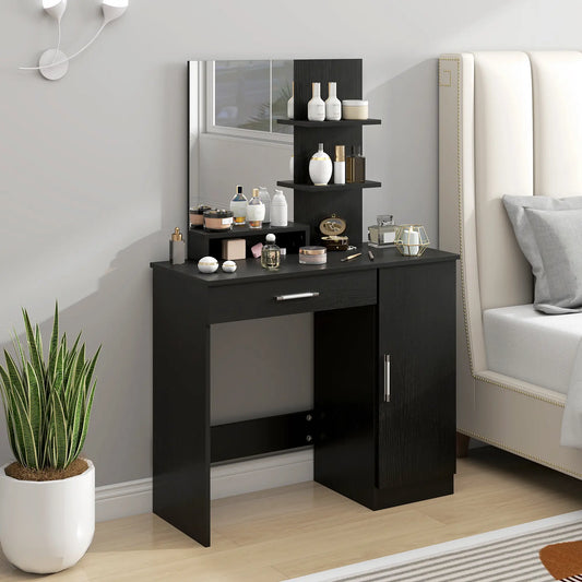 Vanity Desk with Mirror, Drawer, Open Compartment, Shelves, Cabinet Dressing & Vanity Tables Distressed Black at Gallery Canada
