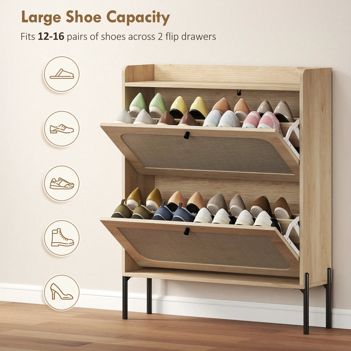 Shoe Cabinet With 2 Flip Drawers, Narrow Storage, Oak
