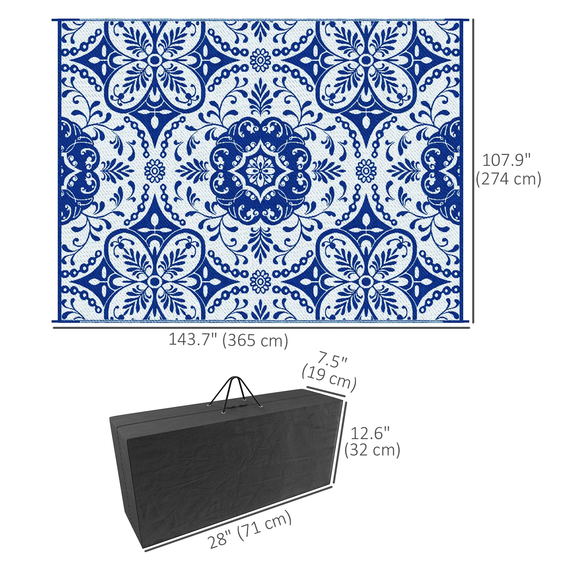 Portable Outdoor Rug, 9' x 12', White Flower, Waterproof, Reversible, Blue Outdoor Reversible Rugs at Gallery Canada