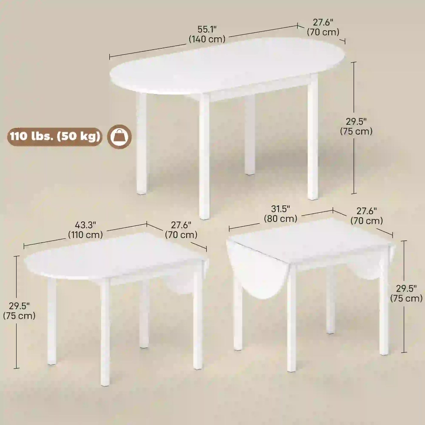 Solid Wood Kitchen Table, Drop Leaf, Folding Dining Table, White Dining Tables at Gallery Canada