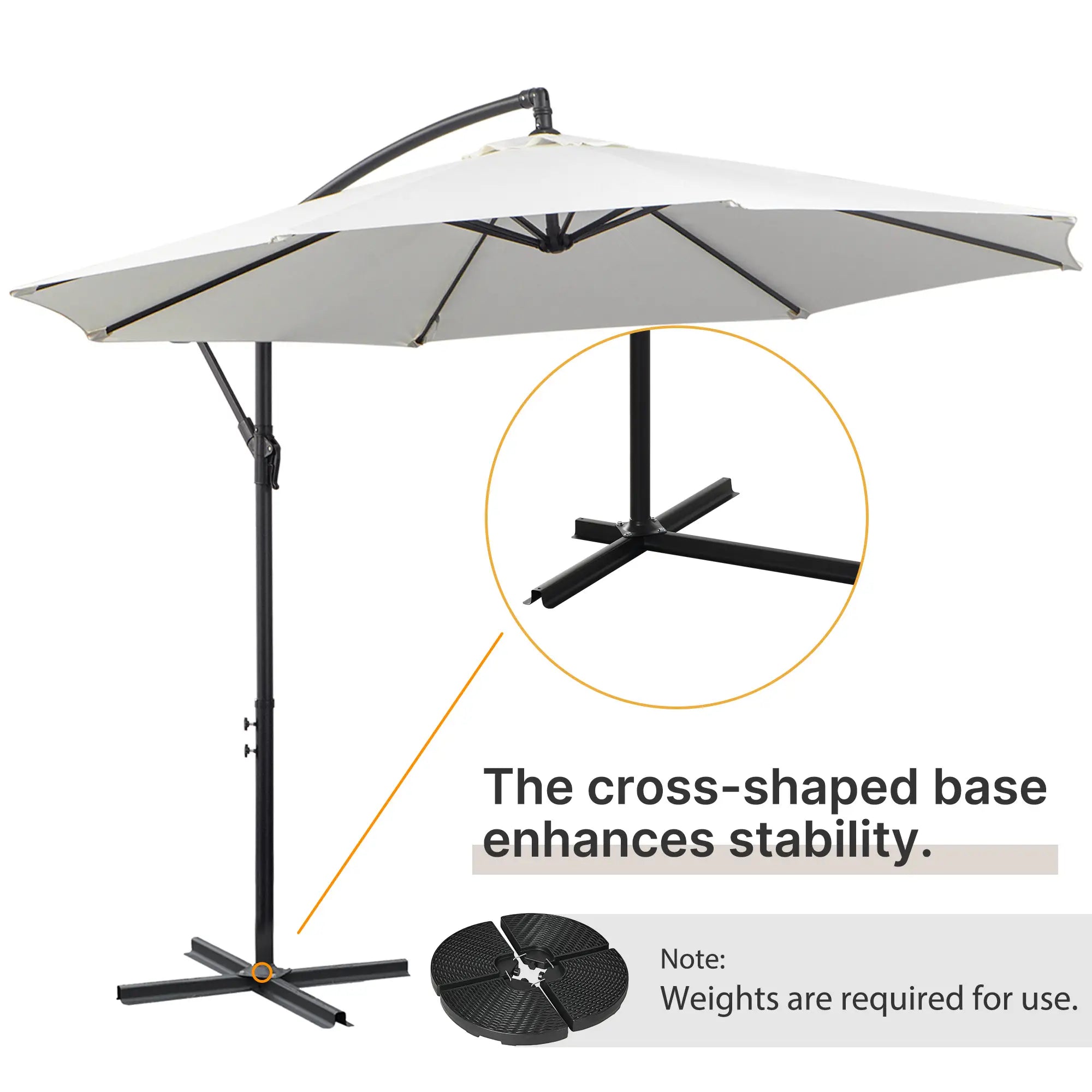 9.7ft Offset Patio Umbrella, Crank Handle, 8 Ribs, Cross Base, Cream Cantilever Umbrellas at Gallery Canada