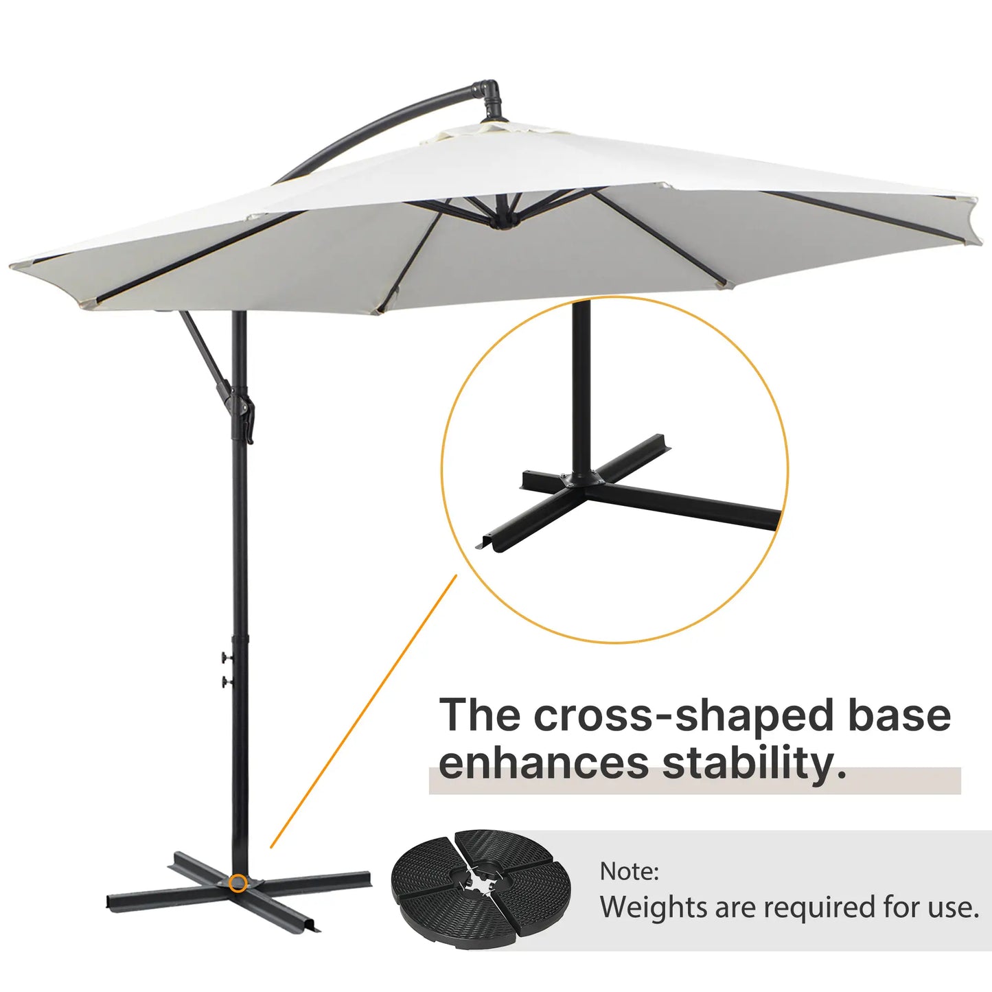 9.7ft Offset Patio Umbrella, Crank Handle, 8 Ribs, Cross Base, Cream Cantilever Umbrellas at Gallery Canada