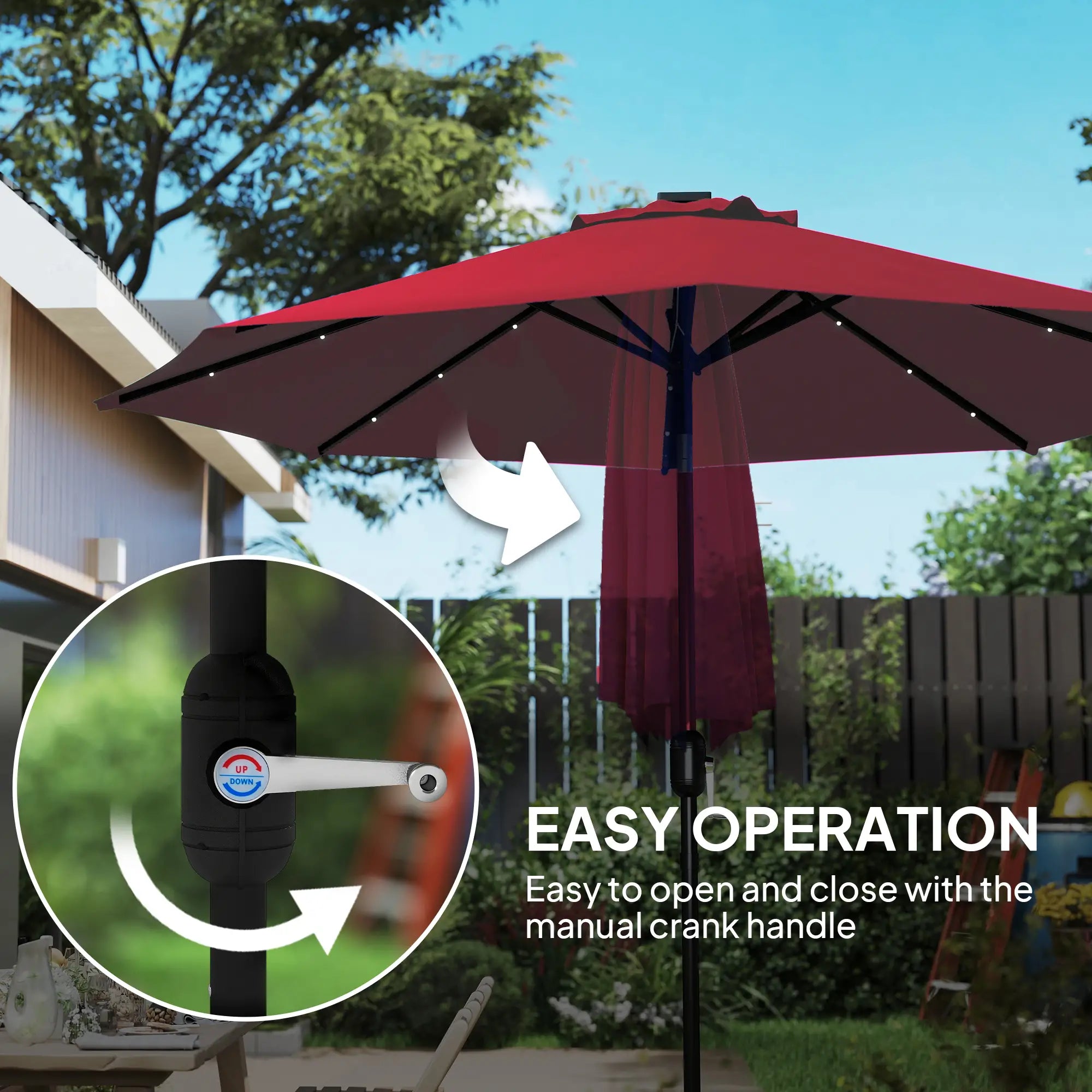 9ft Solar Patio Umbrella, 24 LED Lights, Tilt, Wine Red Sun Umbrellas at Gallery Canada