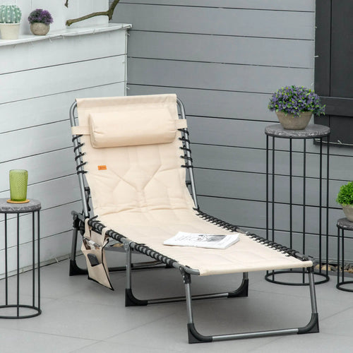 Outdoor Lounge Chair, Folding Chaise, Padded Tanning Chair, 5-Position Adjustable, Beige