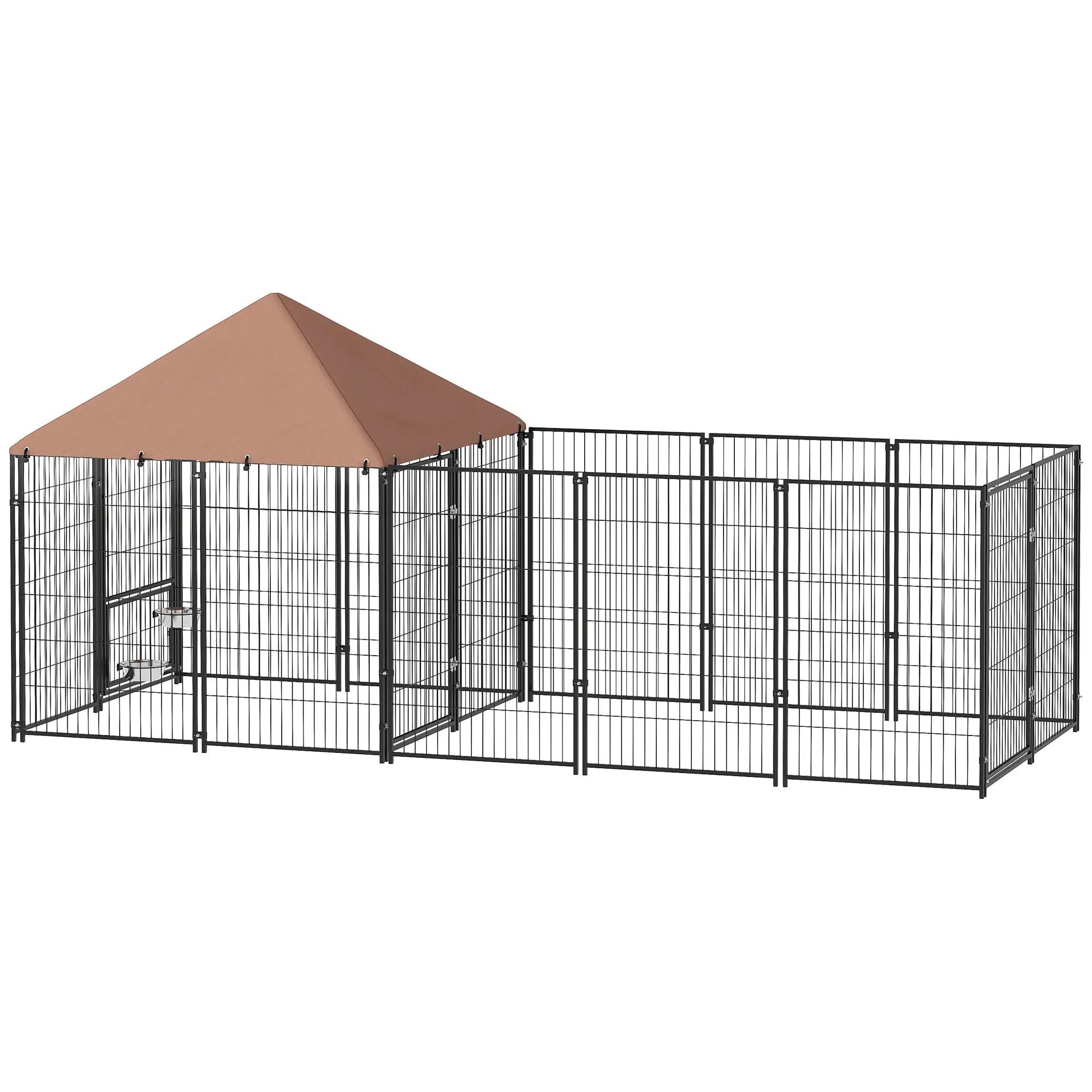 Outdoor Dog Kennel, Rotating Adjustable Bowls, Waterproof UV Cover, 11.3' x 4.7' x 5.1' Houses, Kennels & Pens Coffee at Gallery Canada
