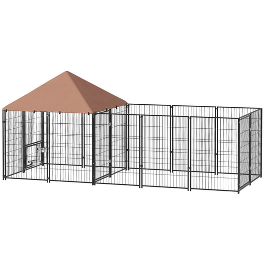 Outdoor Dog Kennel, Rotating Adjustable Bowls, Waterproof UV Cover, 11.3' x 4.7' x 5.1' Houses, Kennels & Pens Coffee at Gallery Canada