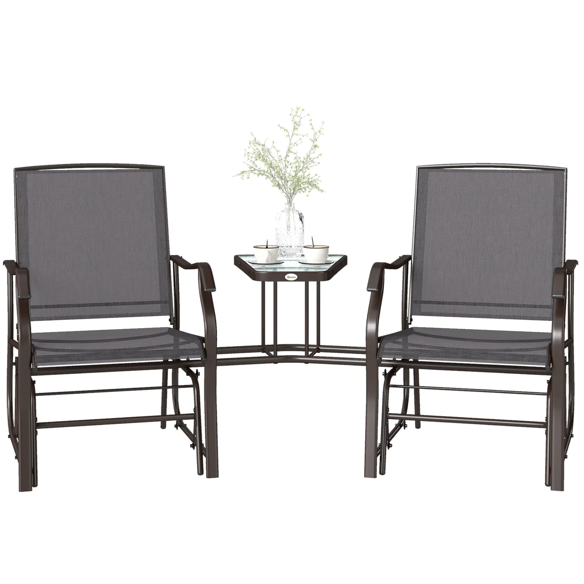 Double Glider Chair with Glass Top Table, Outdoor High Back, Grey Outdoor Gliders at Gallery Canada
