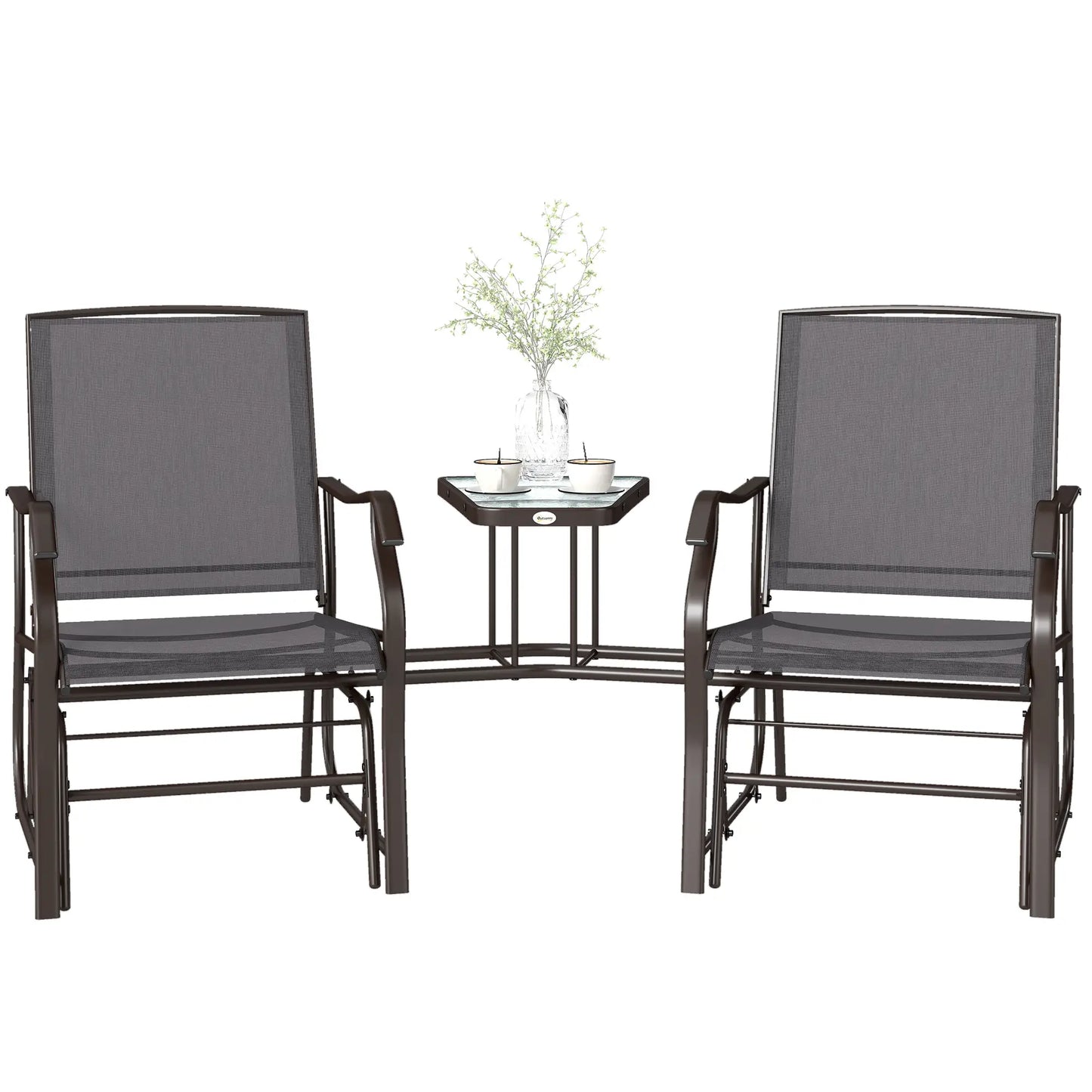 Double Glider Chair with Glass Top Table, Outdoor High Back, Grey Outdoor Gliders at Gallery Canada
