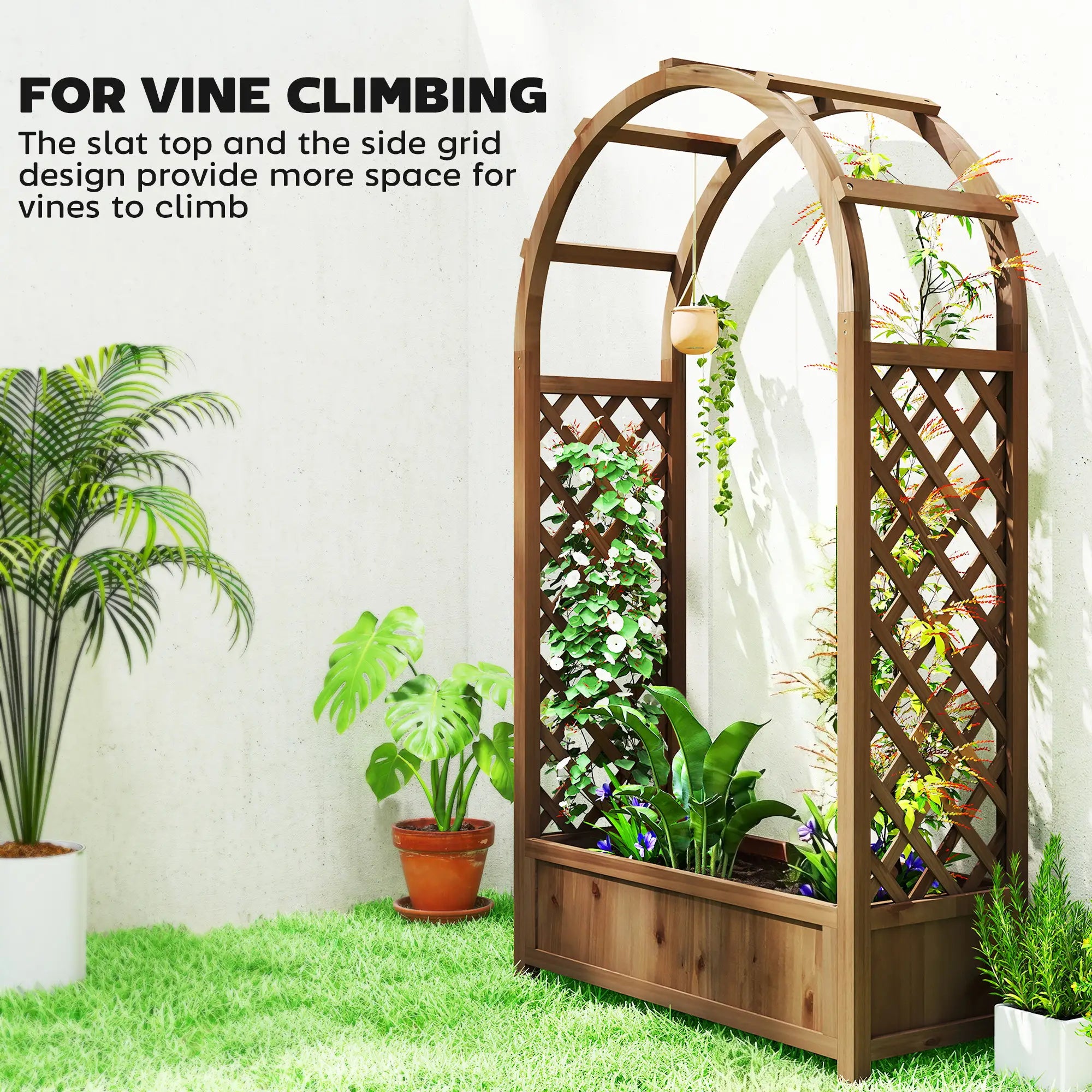 Raised Garden Bed With Arch Trellis, Planter Box, Dark Brown Wood Effect, Dark Brown Wooden Planter Boxes at Gallery Canada