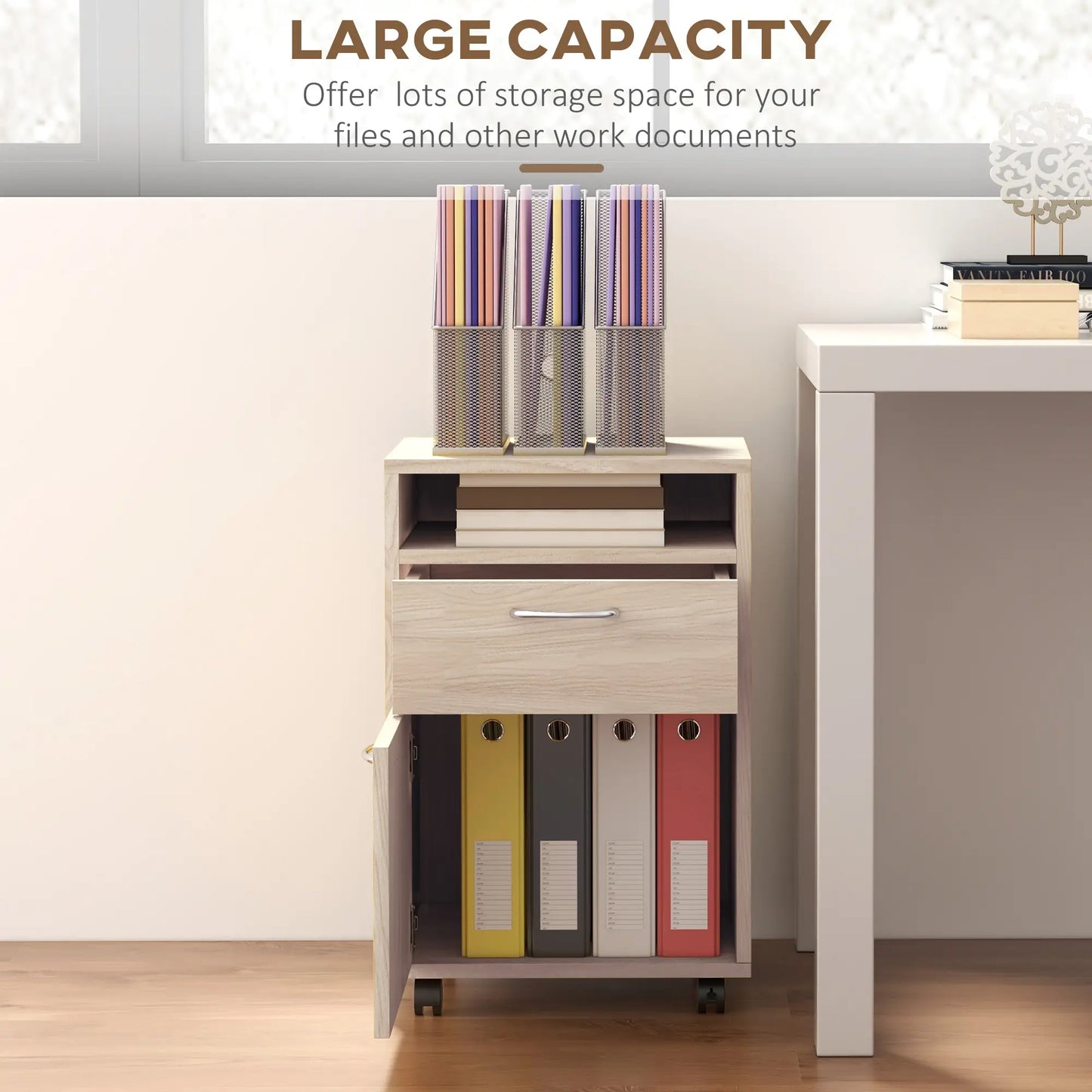 24" Small Filing Cabinet, Open Compartment, Drawer, Wheels, Oak Office Cabinets & Cupboards at Gallery Canada