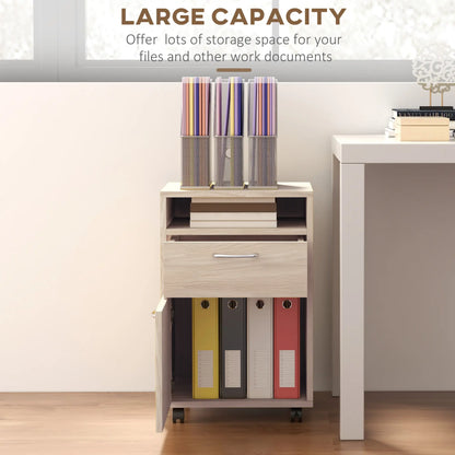 24" Small Filing Cabinet, Open Compartment, Drawer, Wheels, Oak Office Cabinets & Cupboards at Gallery Canada