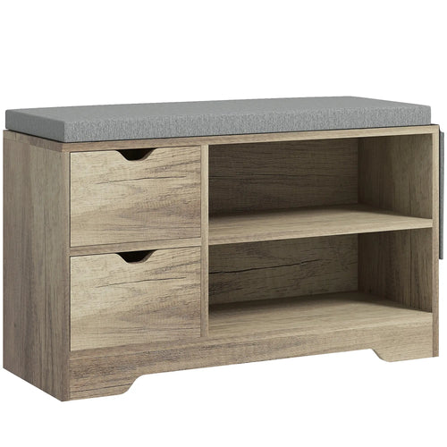 Upholstered Shoe Storage Bench With Seat, Drawer, Open Shelves, Grey