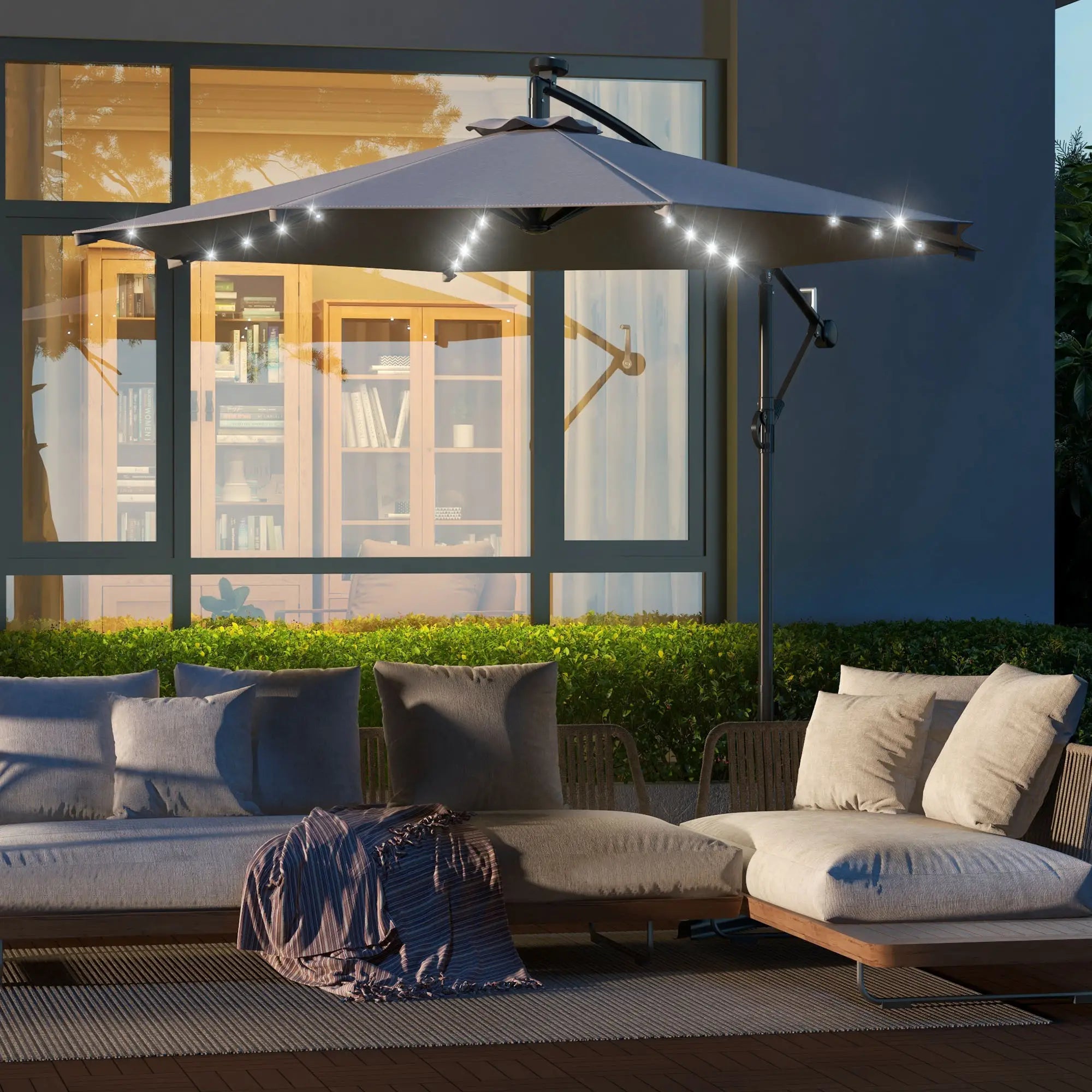 10ft Outdoor Cantilever Umbrella, Solar Lights, Adjustable Angle, Light Grey Cantilever Umbrellas at Gallery Canada