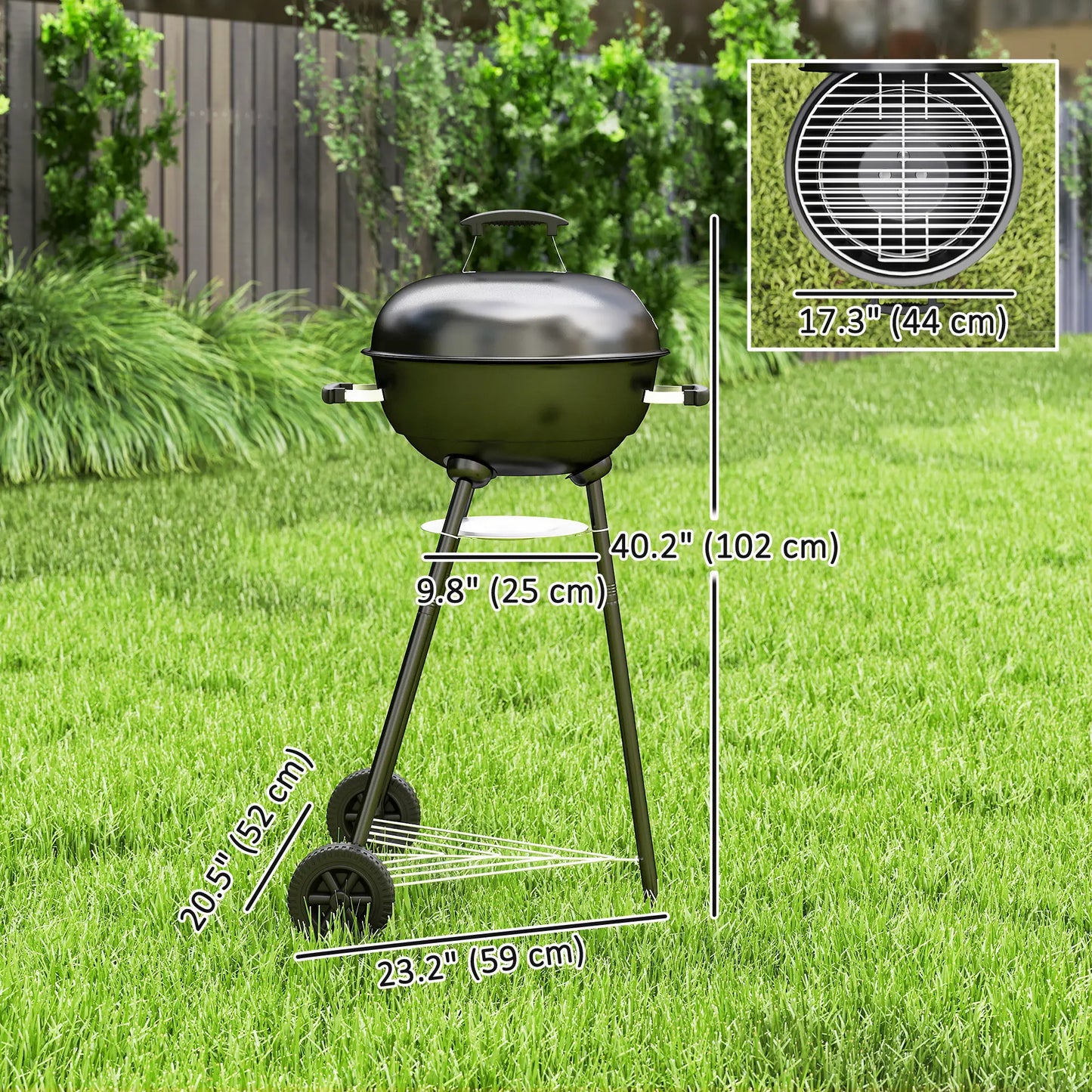 17" Charcoal BBQ Grill With Shelf, Ash Catcher, Wheels, Black