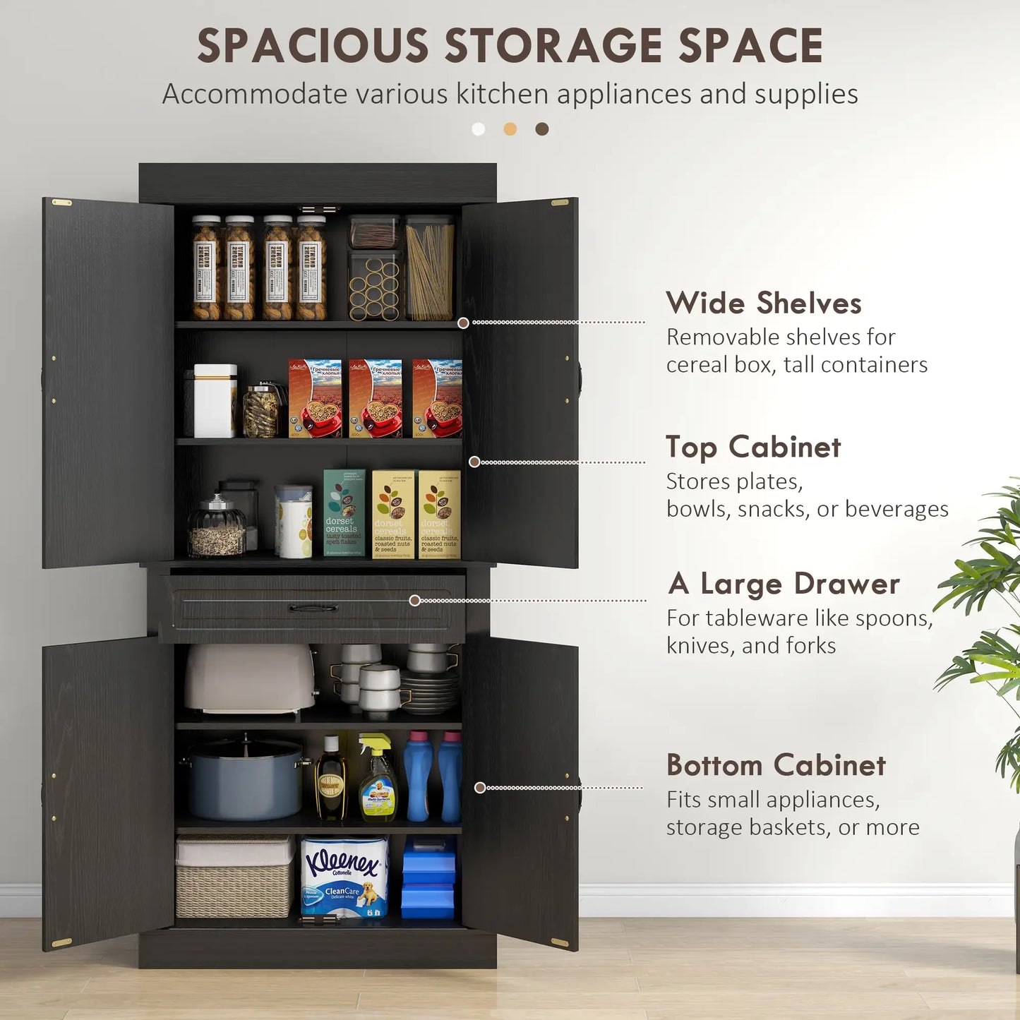 71" Freestanding Kitchen Pantry, 4 Doors 2 Cabinets, Distressed Black, Black Kitchen Pantry Cabinets at Gallery Canada