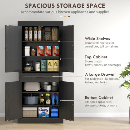 71" Freestanding Kitchen Pantry, 4 Doors 2 Cabinets, Distressed Black, Black Kitchen Pantry Cabinets at Gallery Canada