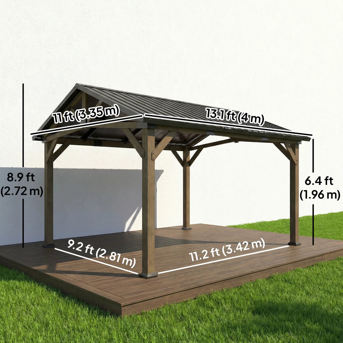 13' x 11' Hardtop Gazebo, Galvanised Metal Roof, Fir Wood Frame, Black Grey