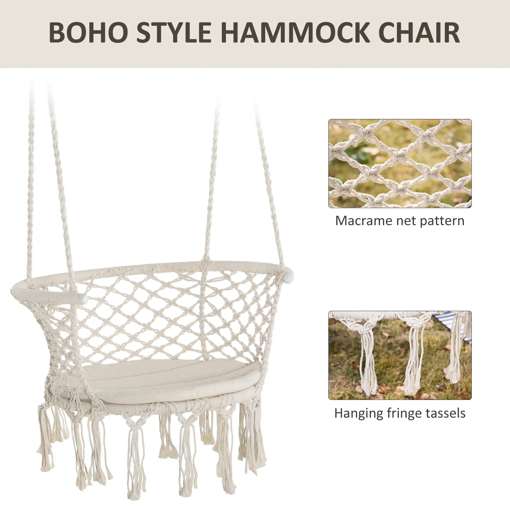 Hanging Hammock Chair, Cotton Rope Swing with Metal Frame, Large, Cream White Hammock Swings at Gallery Canada