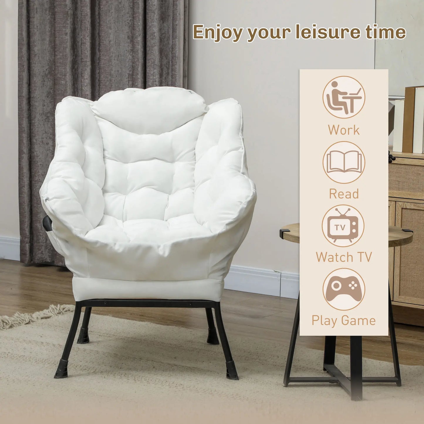Modern Accent Chair, Armchair with Side Pockets and Solid Steel Legs, Comfy Reading Chair for Living Room, Cream White Accent Chairs at Gallery Canada