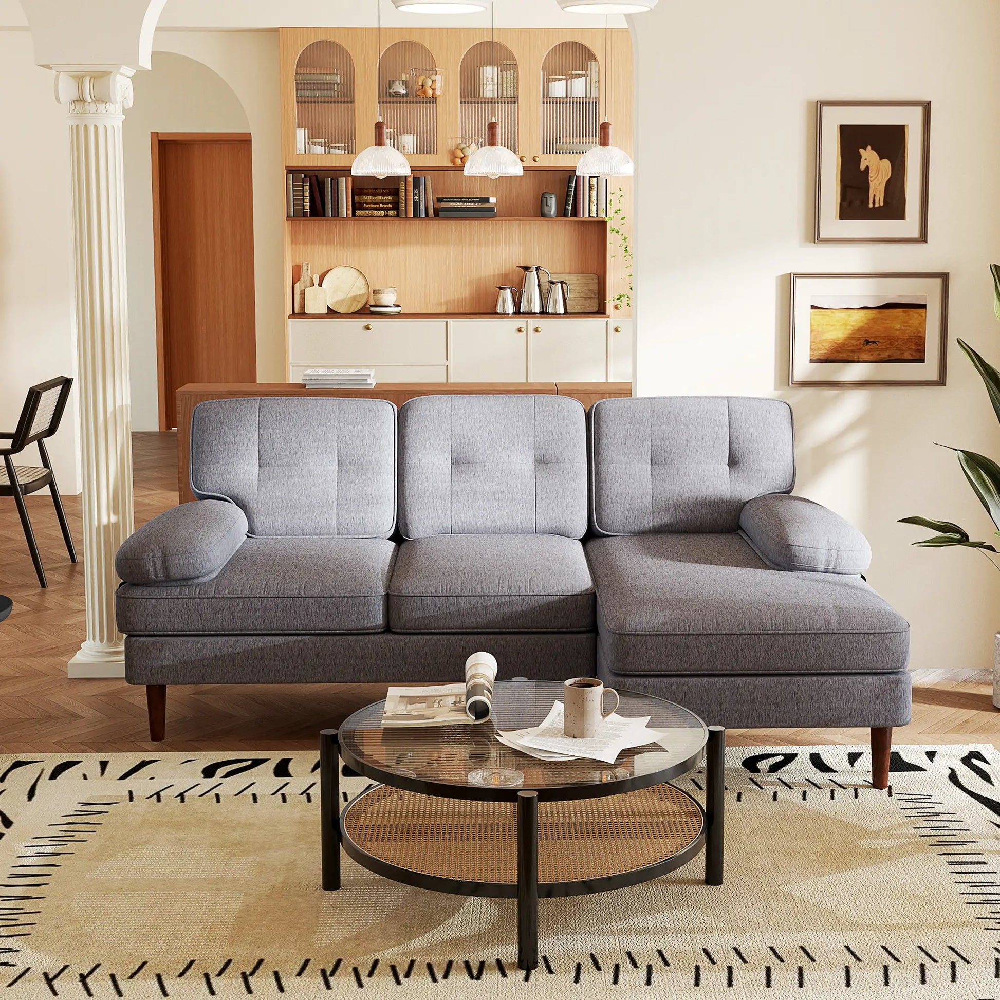 Modern Corner Couch with Right Chaise Lounge, Tufted 3-Seater Sofa with Wooden Legs for Living Room, Grey 3-Seater Sofas at Gallery Canada