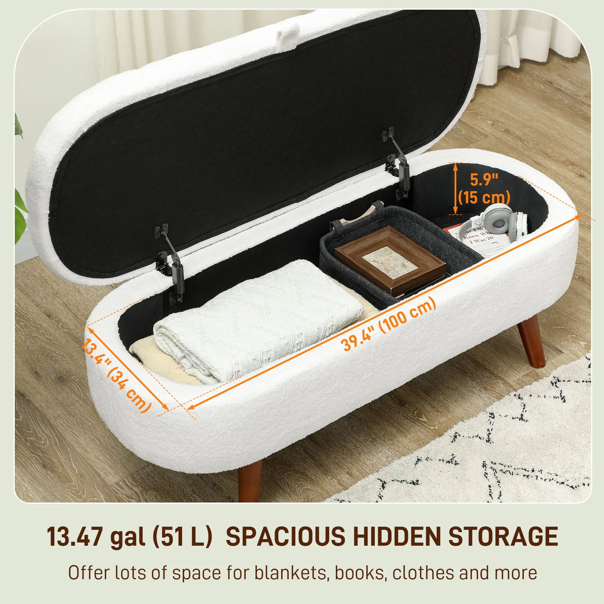 Boucle Storage Bench, Tufted Teddy Fleece, Wood Legs, White Storage Ottomans & Benches at Gallery Canada