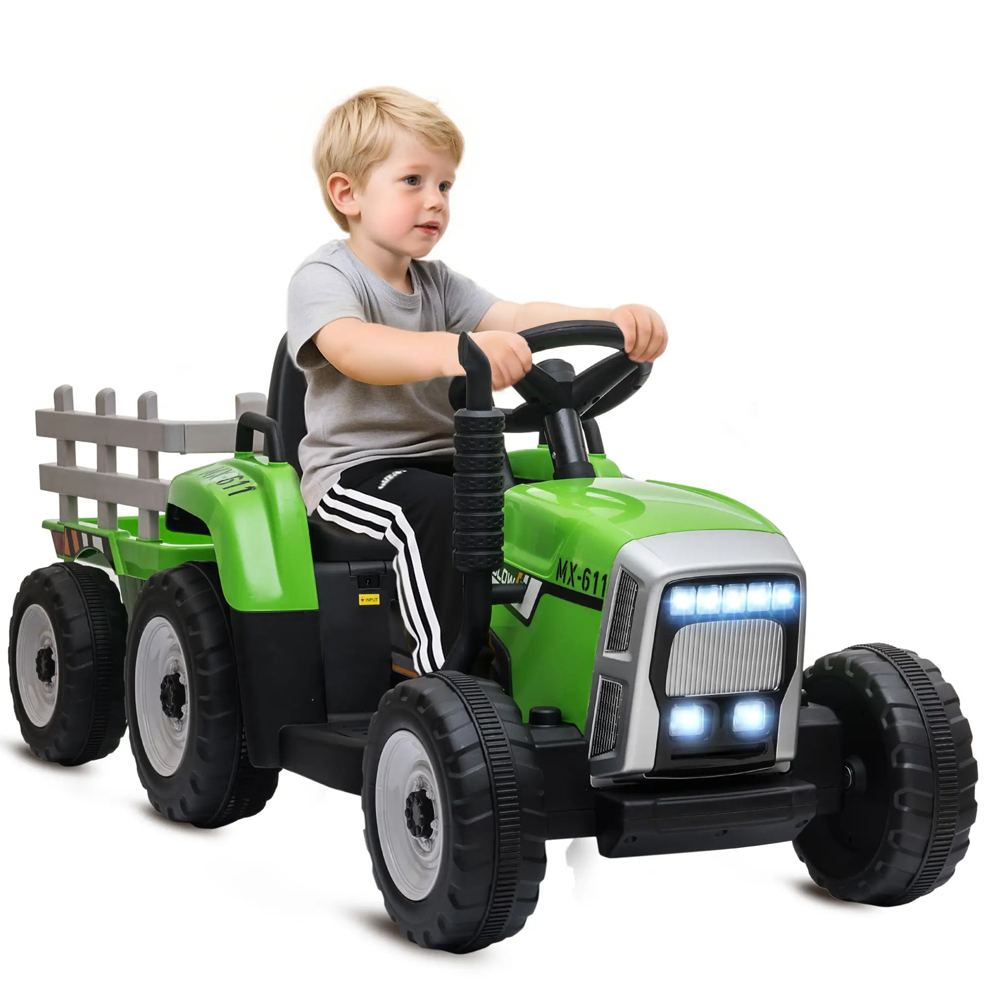 12V Kids Ride on Tractor with Trailer, Remote Control, Music, LED Lights, Green Electric Toy Cars Green, Grey, Black at Gallery Canada