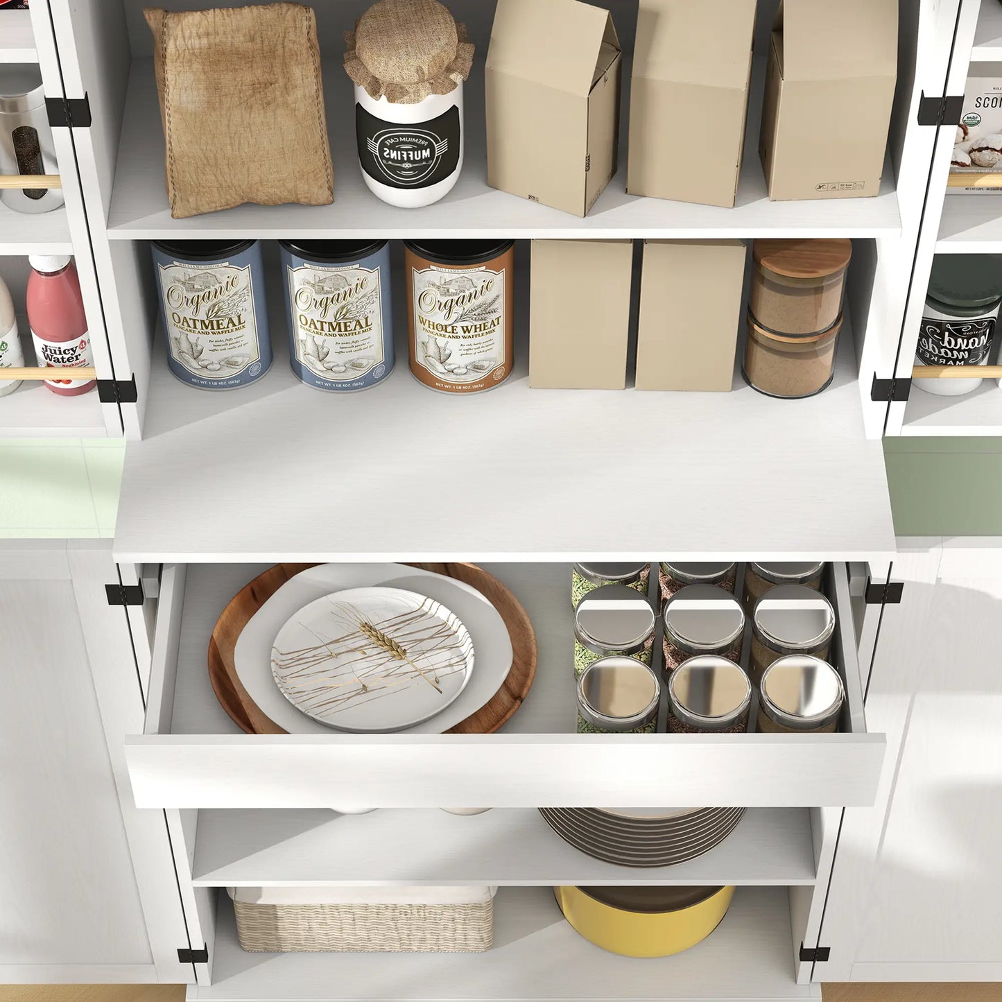 72" Tall Kitchen Pantry Cabinet, Farmhouse Storage Cabinet with 8 Door Racks and Adjustable Shelves, White