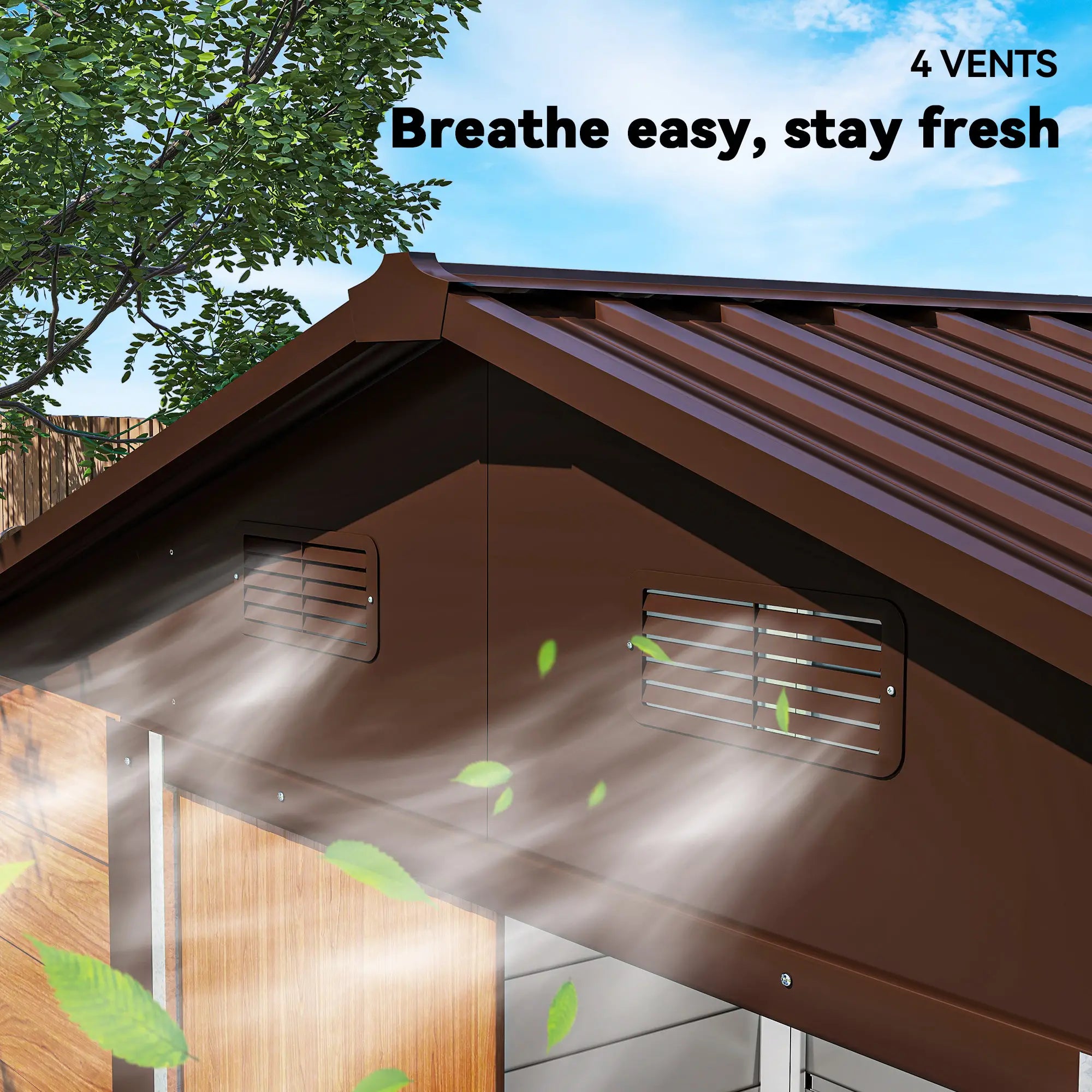 7.7' x 6.5' Metal Garden Shed, Ventilation, Dark Brown Wood Grain Sheds at Gallery Canada