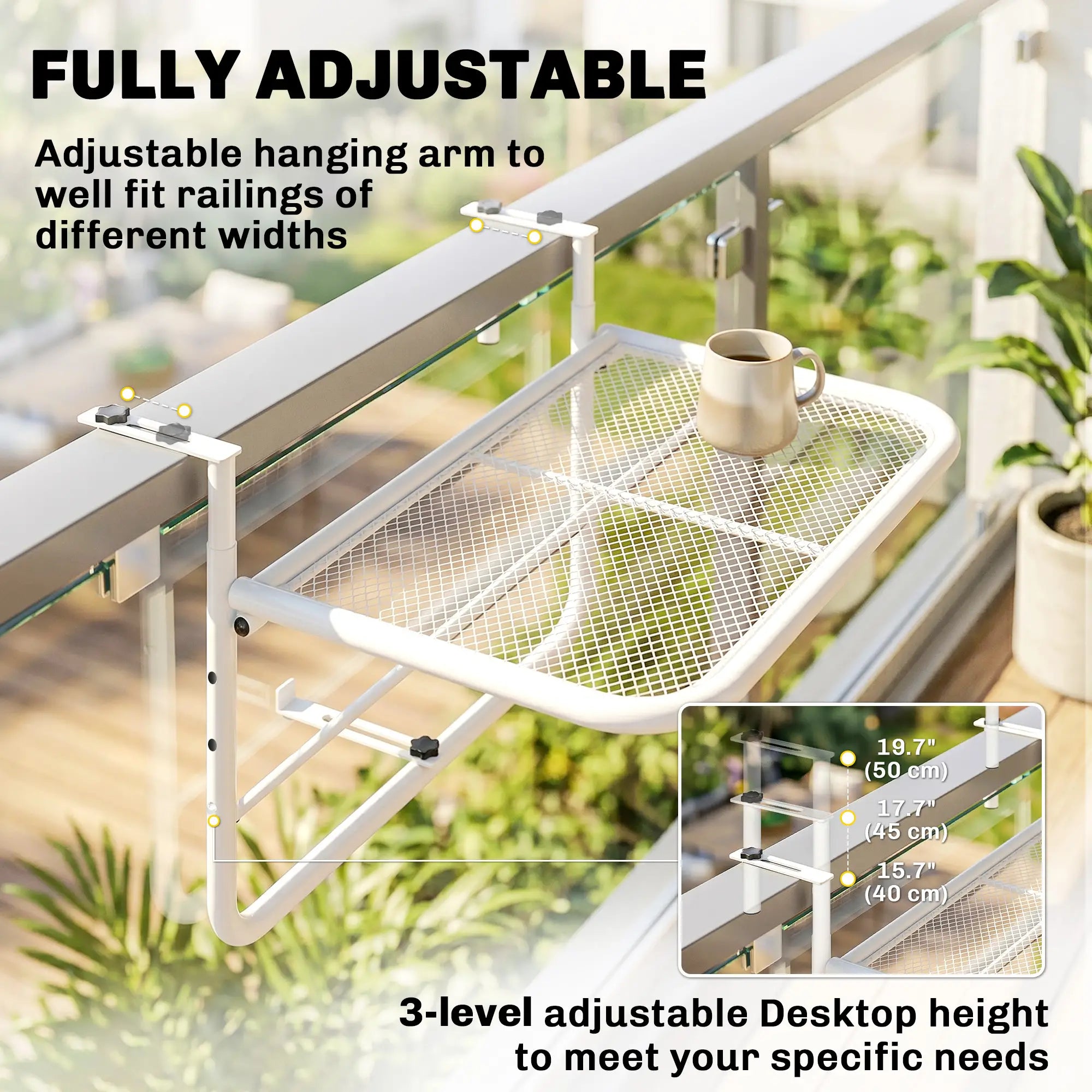 Adjustable Balcony Hanging Table, Metal Wall Desk, Outdoor Flower Stand, White Balcony Table Hanging at Gallery Canada