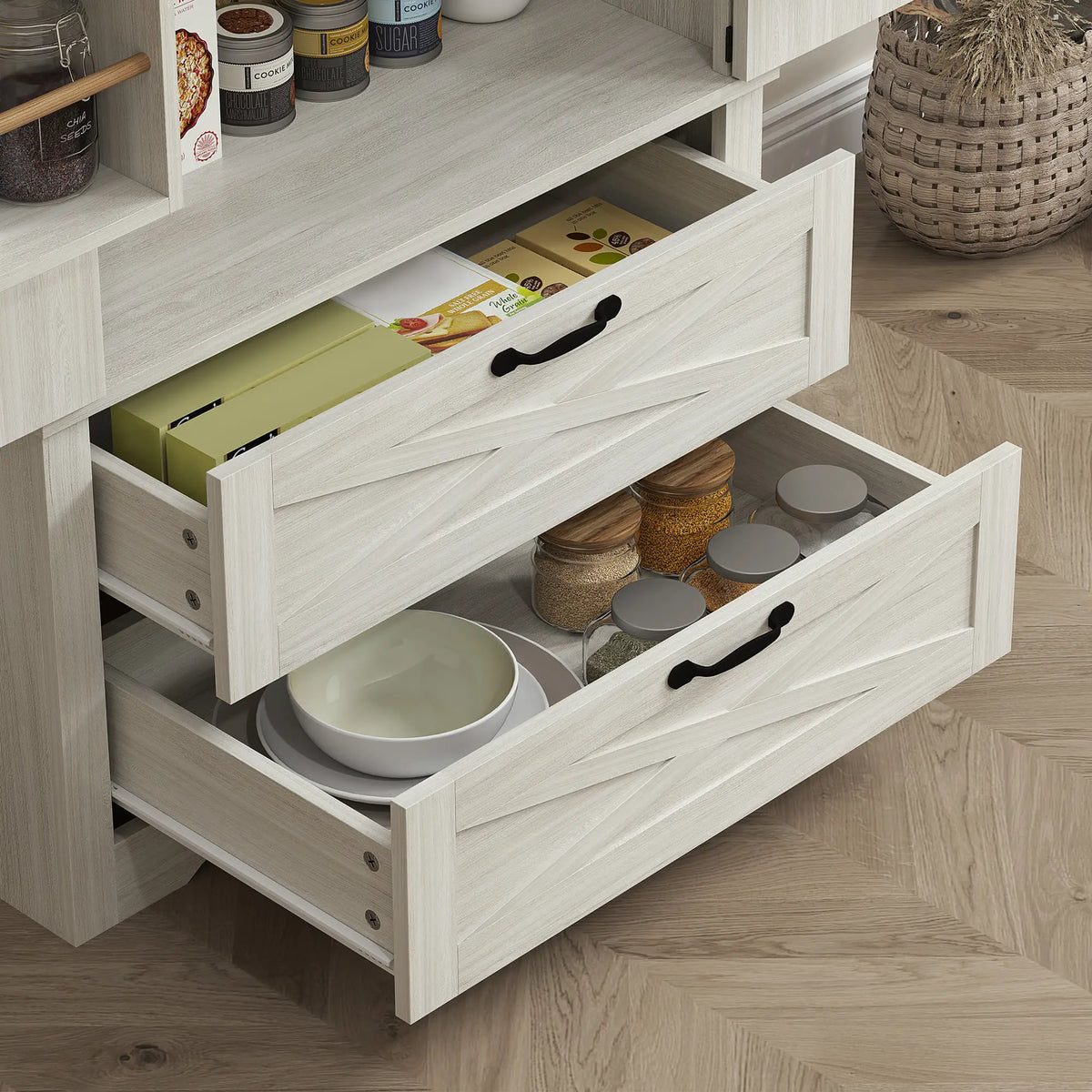 Farmhouse Kitchen Pantry, 64" Freestanding, Distressed, White Kitchen Pantry Cabinets at Gallery Canada
