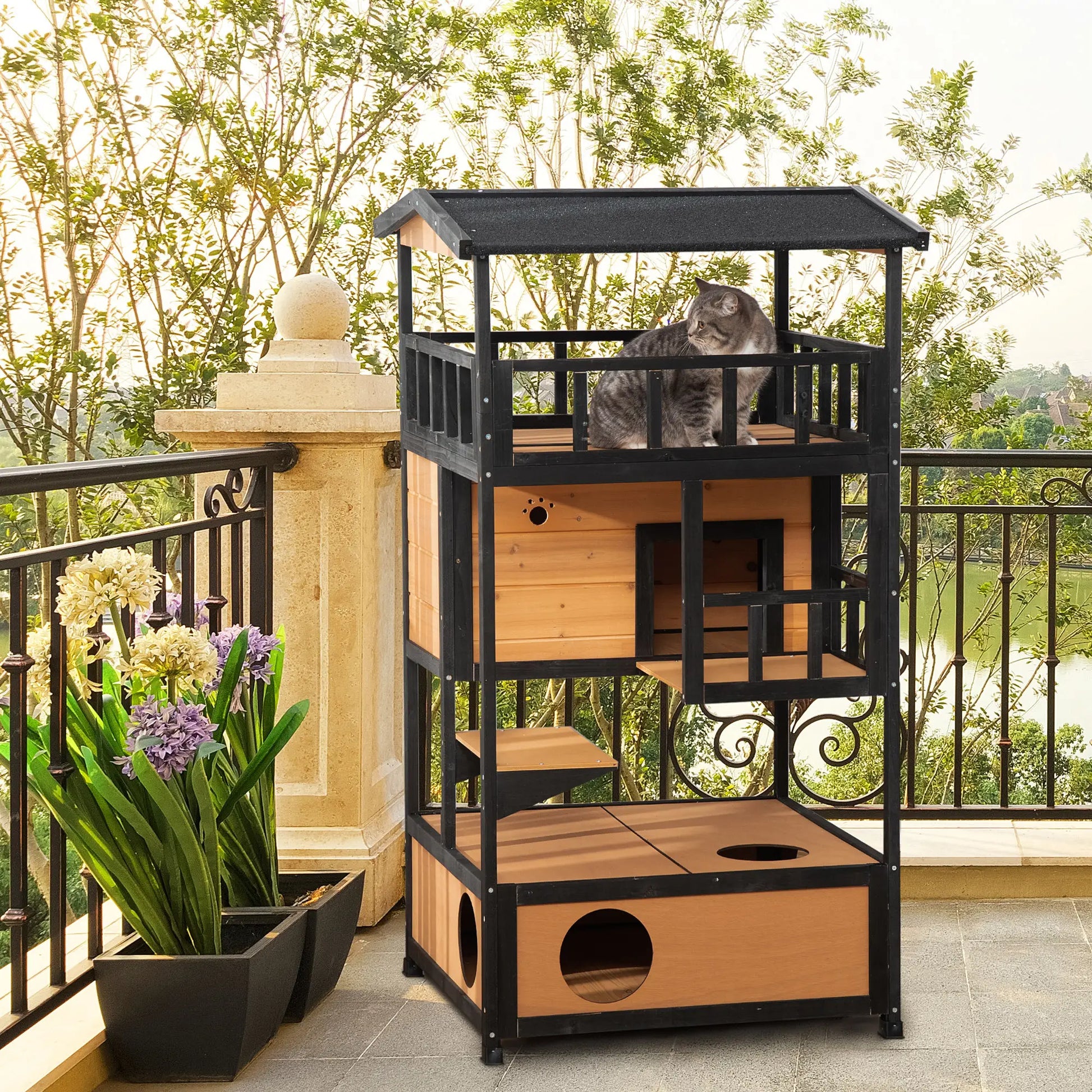4-Floor Wood Outdoor Cat House, Condo, Fun Entrances, Perch, Natural Cat Houses at Gallery Canada