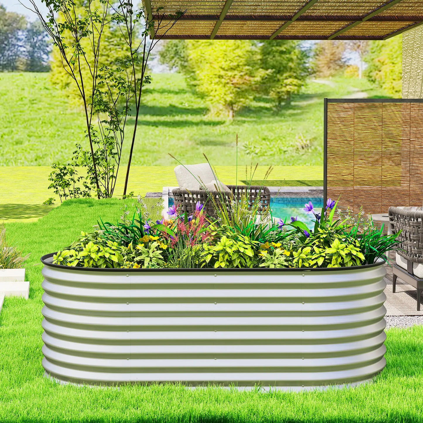 Galvanized Raised Garden Bed, 5 x 2.5 x 2 ft, Oval Planter Box, Silver Galvanized Planter Boxes at Gallery Canada