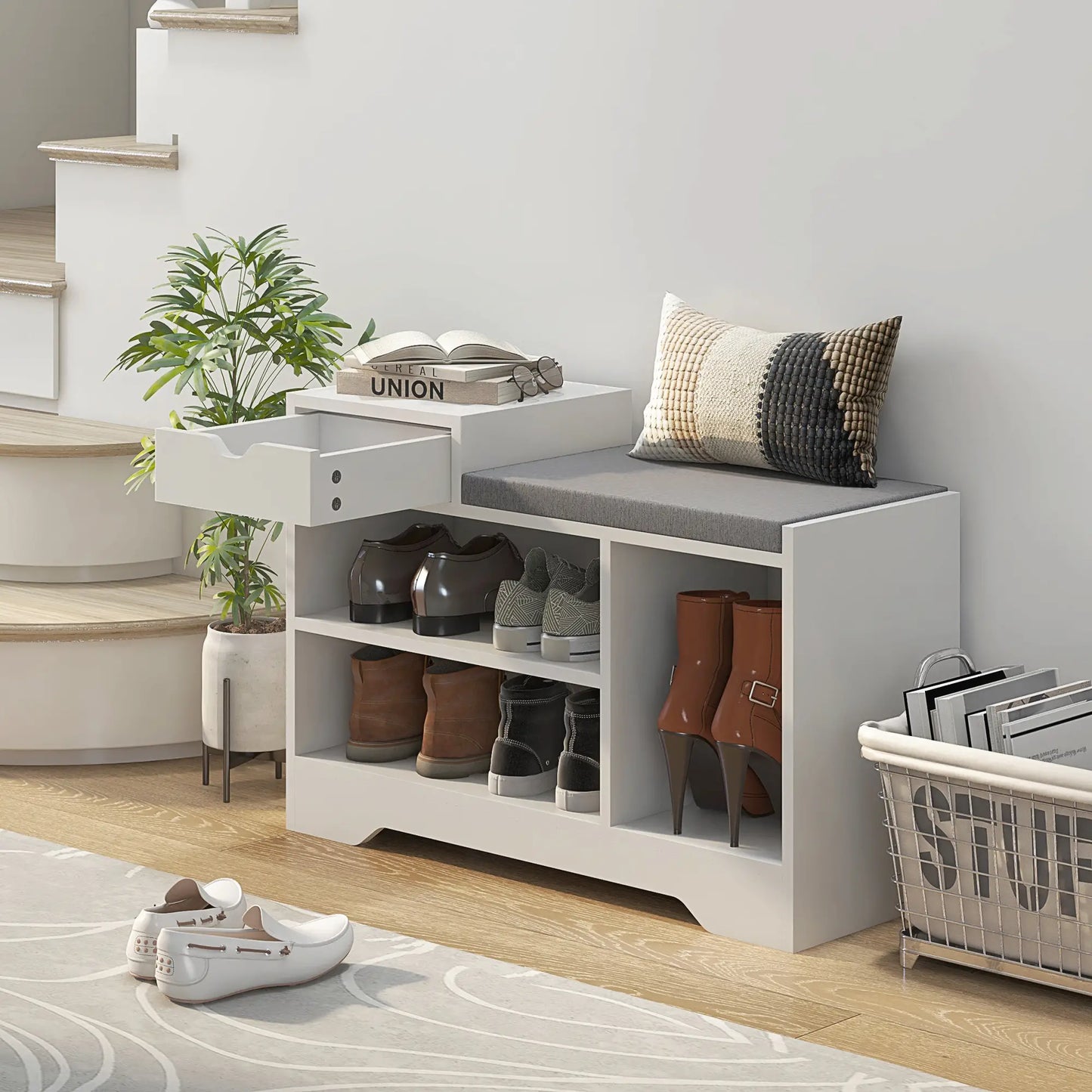 Upholstered Shoe Storage Bench, with Seat, Drawer, 3 Shelves, White Shoe Storage Cabinets & Racks at Gallery Canada