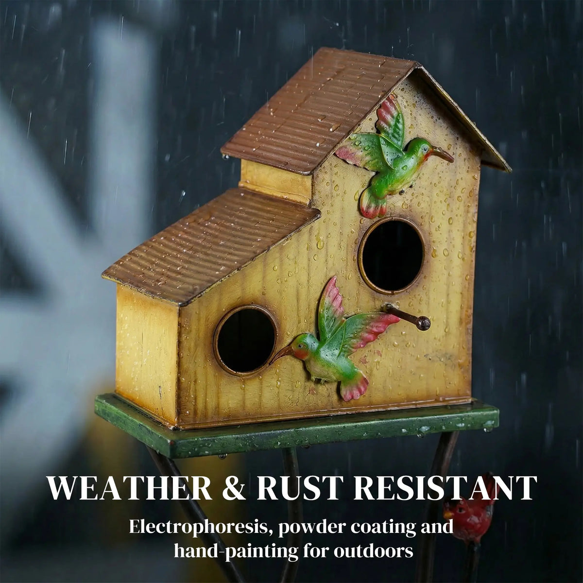 57" Outdoor Bird House With Pole, Double-Hole Metal Birdhouse, Yellow Birds at Gallery Canada