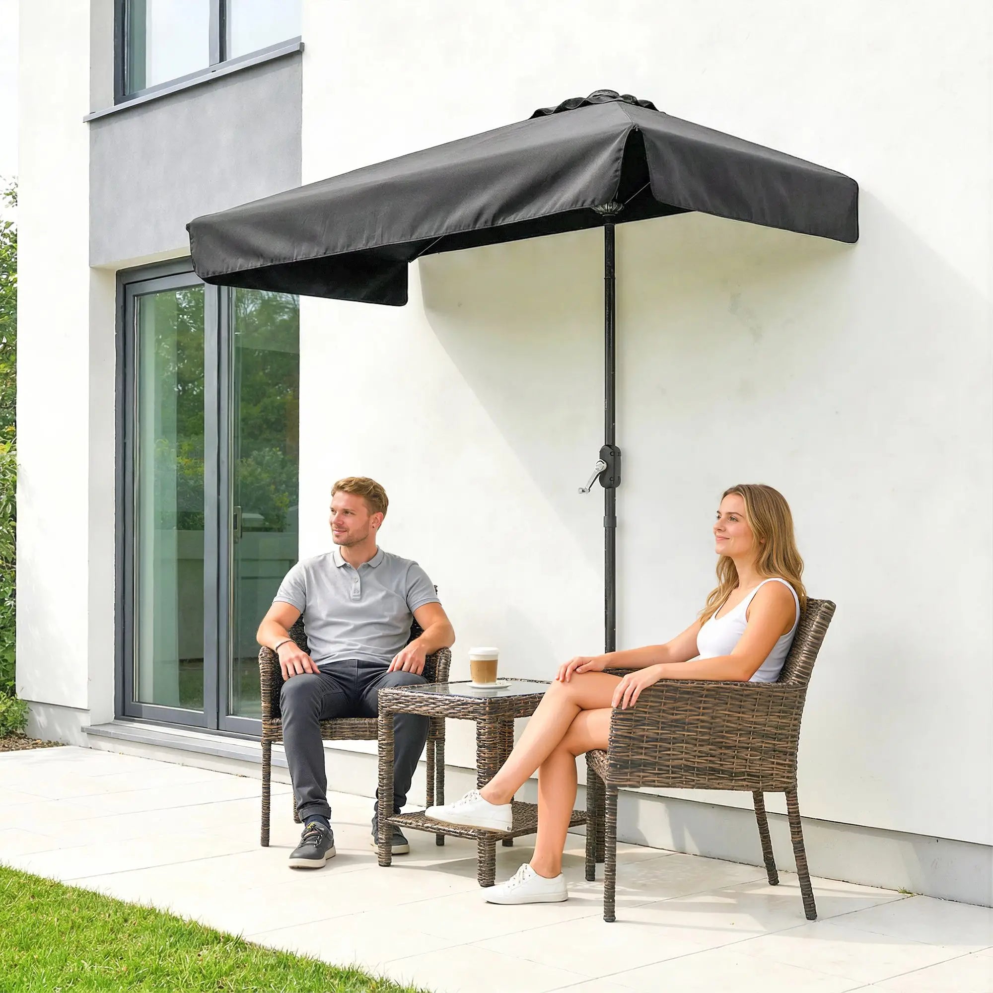 7.5ft Half Umbrella, Semi Round Patio Parasol, Crank Handle, Top Vent, Black Half Round Umbrellas at Gallery Canada
