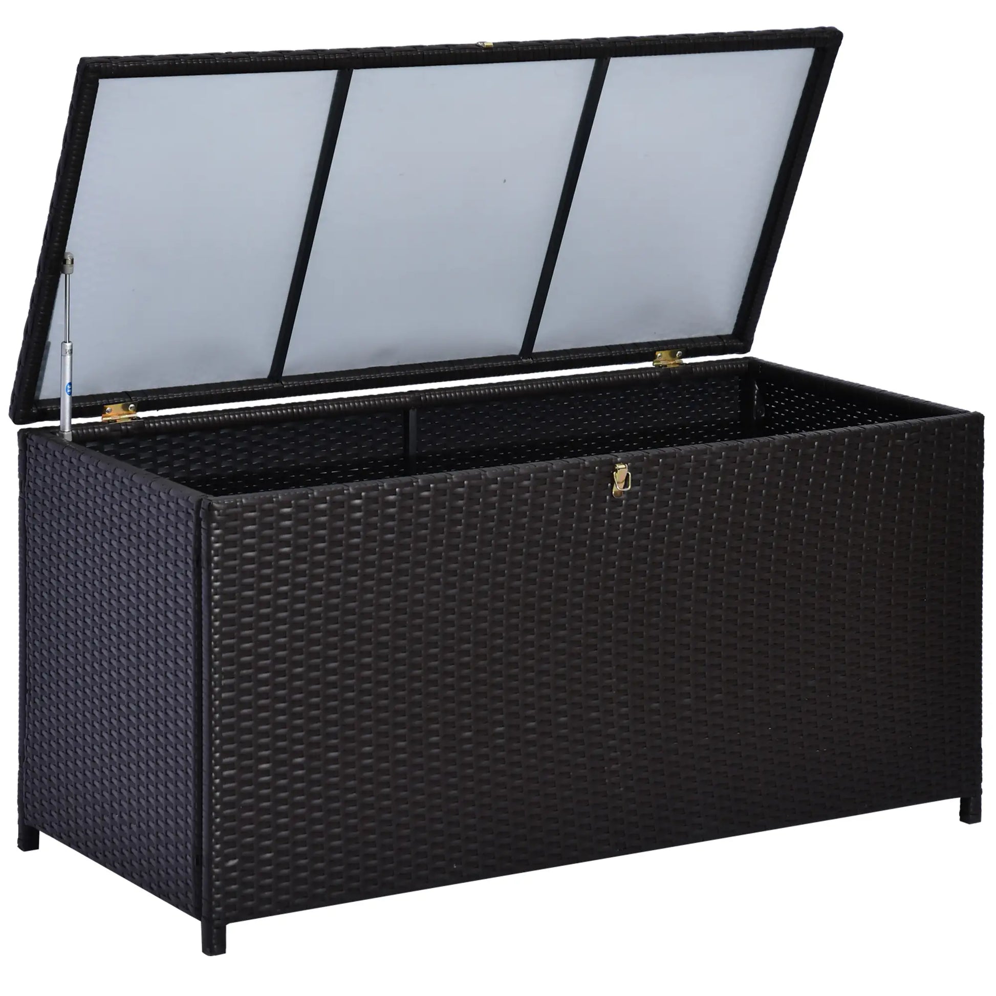 Wicker Outdoor Storage Box, 75 Gallon, Gas Strut Lid, Dark Brown Patio Storage Boxes Dark brown at Gallery Canada